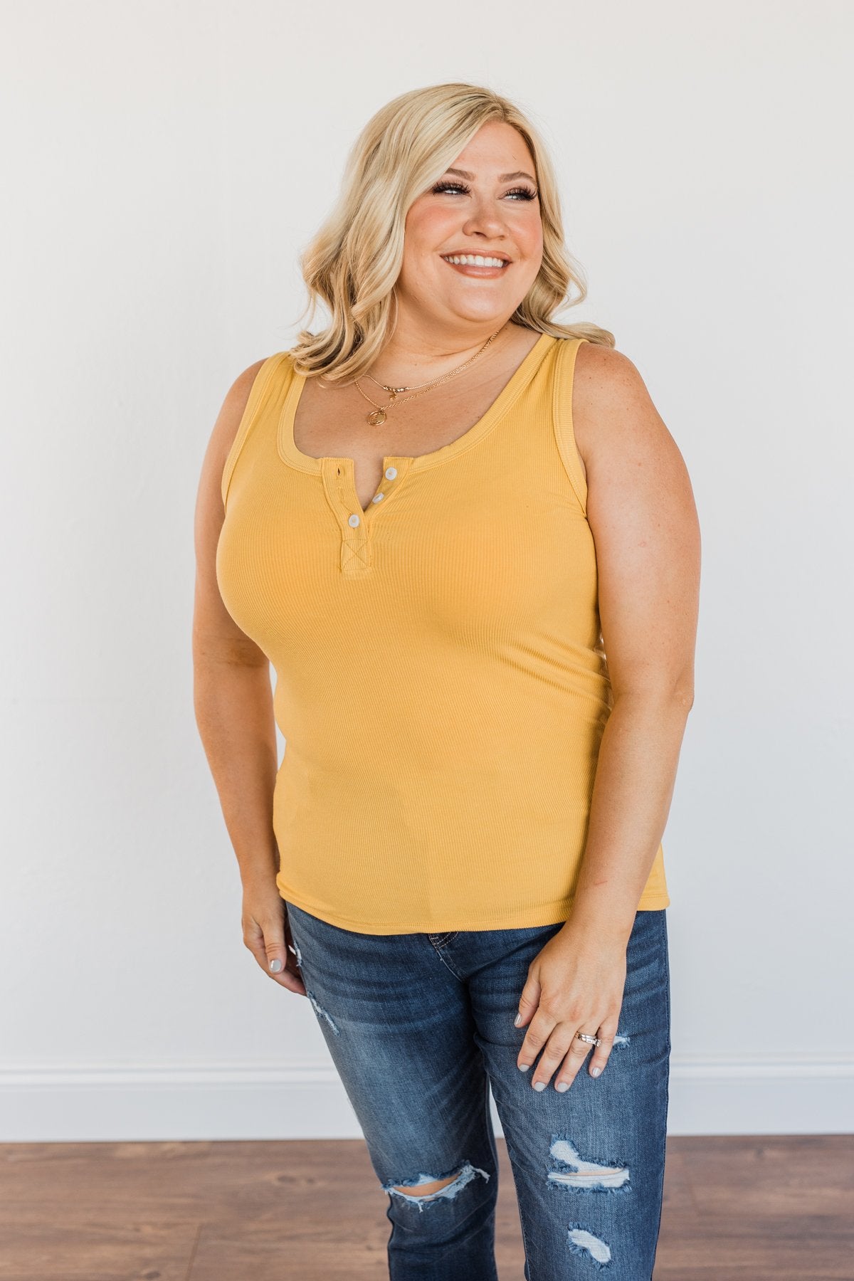 Uplifting Spirits Button Henley Tank Top- Golden Yellow