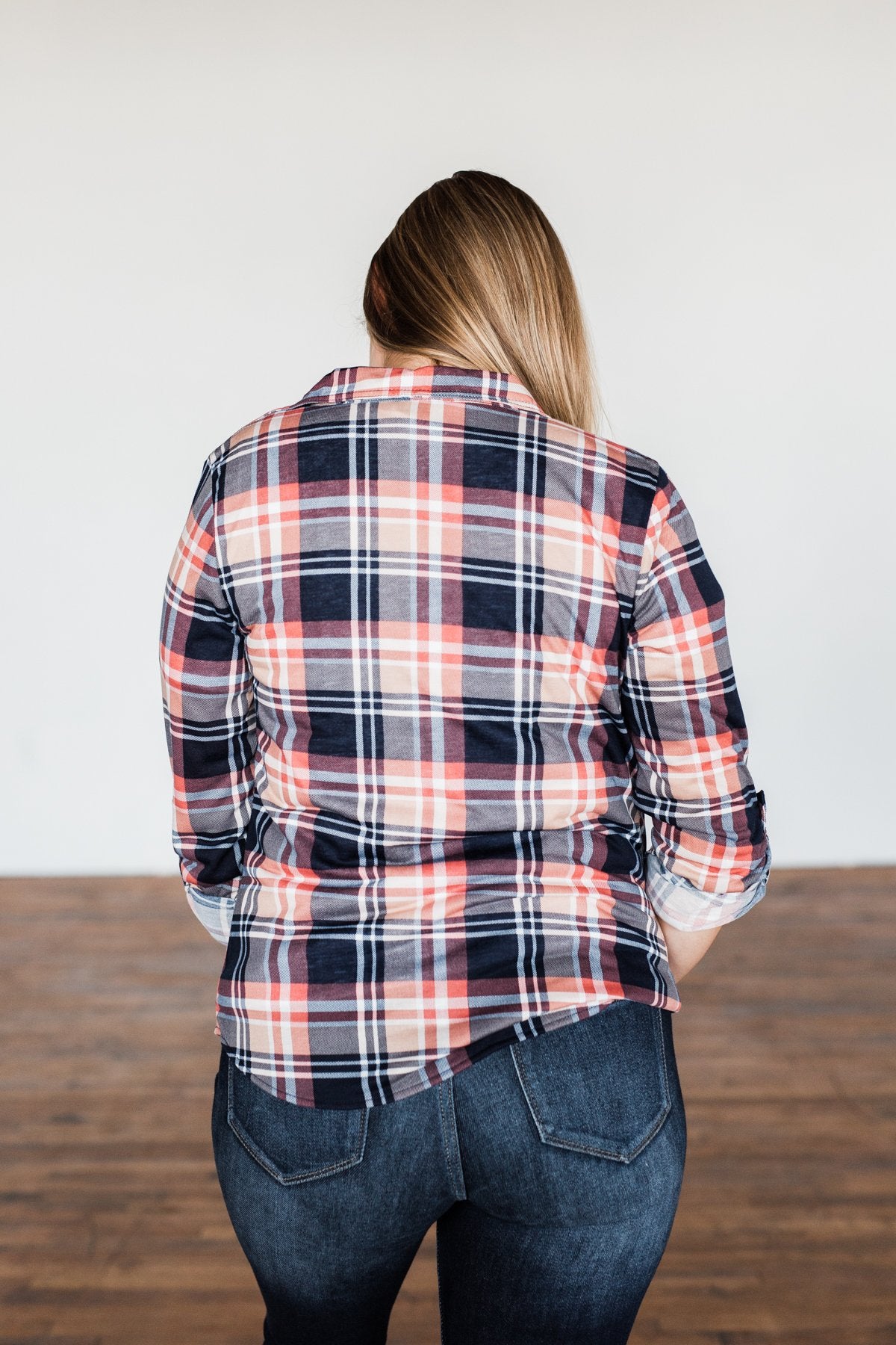Fall Into The Night Plaid Button Top- Navy, Coral, Tan