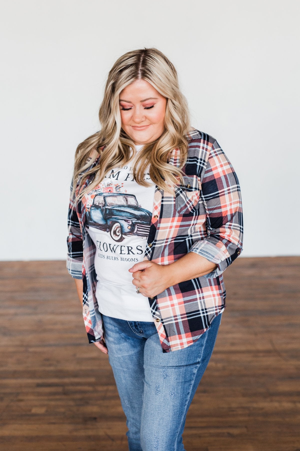 Fall Into The Night Plaid Button Top- Navy, Coral, Tan