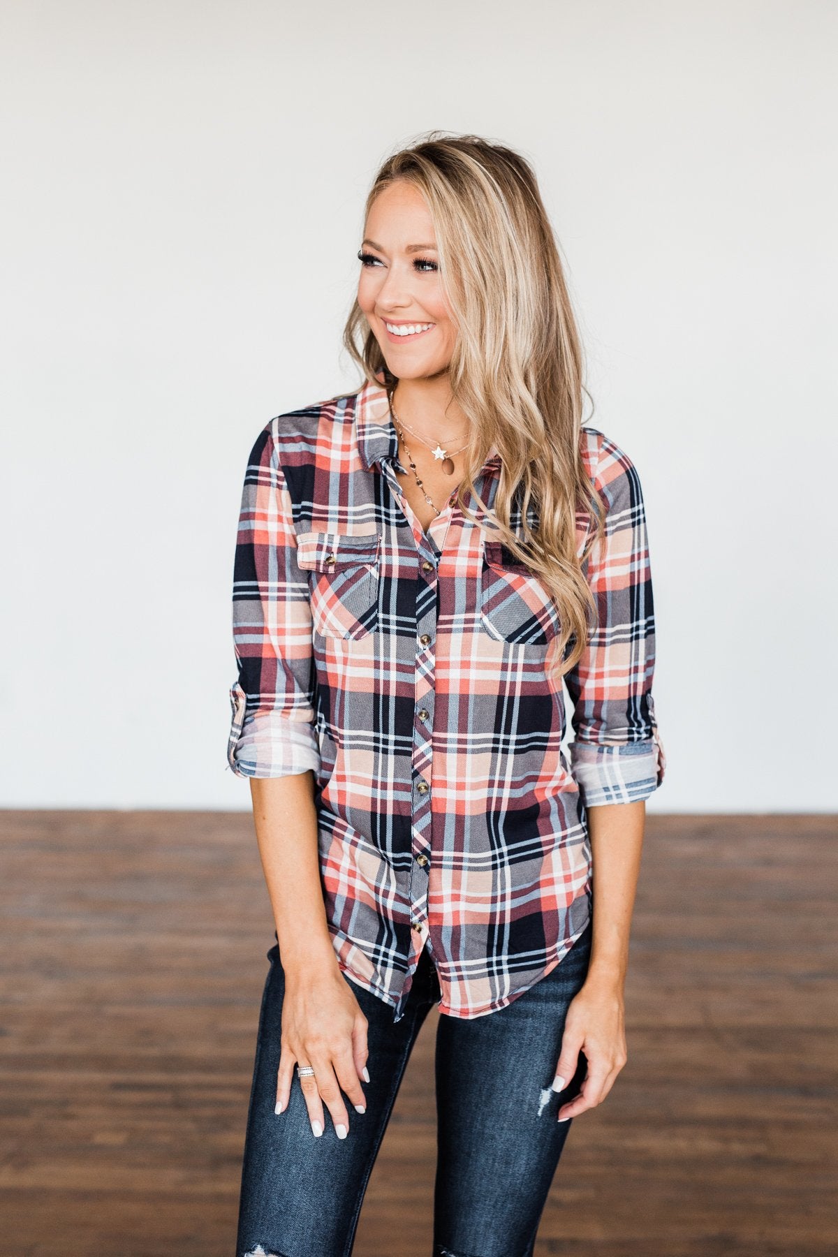 Fall Into The Night Plaid Button Top- Navy, Coral, Tan
