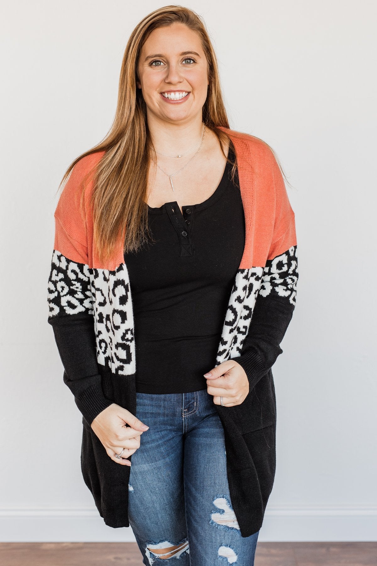 Grow Wild Color Block Cardigan- Coral, Black, Off-White The Pulse Boutique