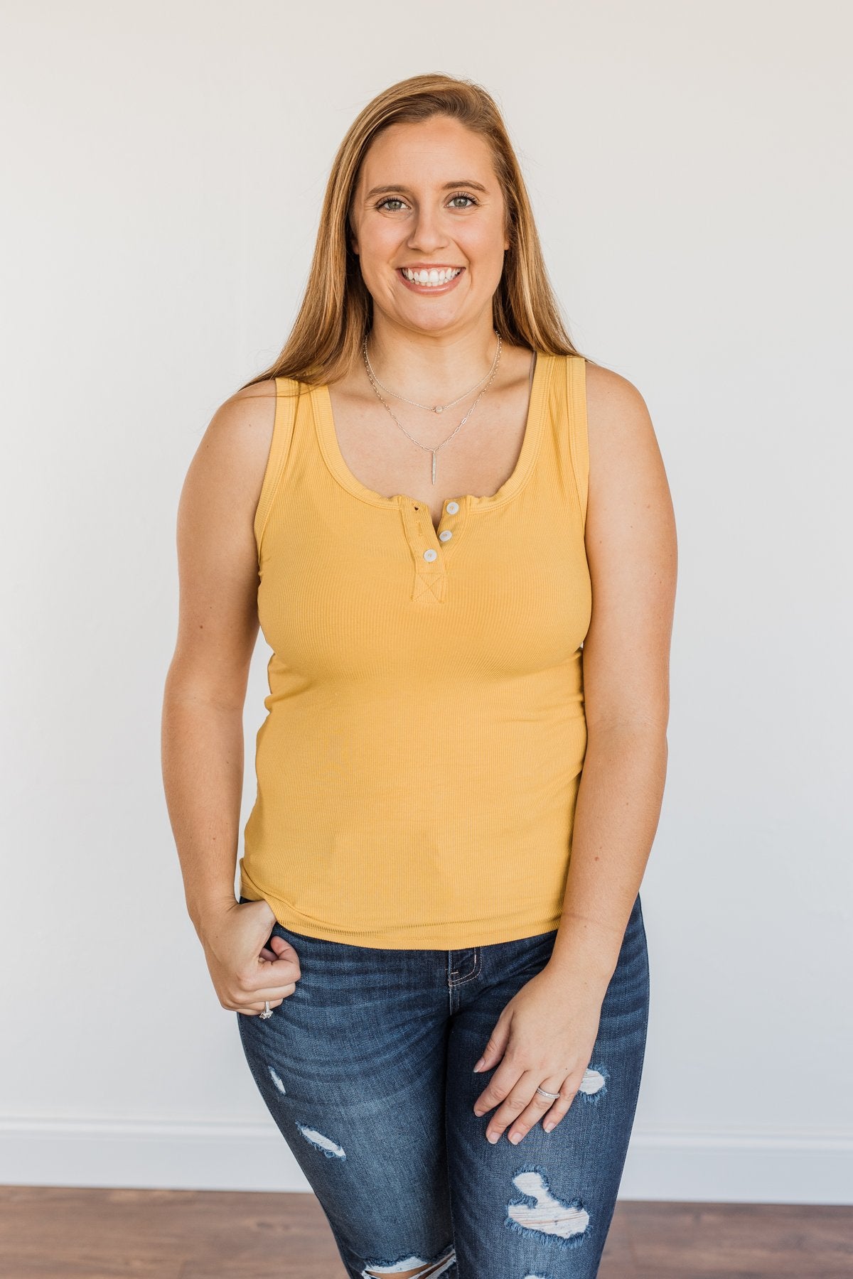 Uplifting Spirits Button Henley Tank Top- Golden Yellow