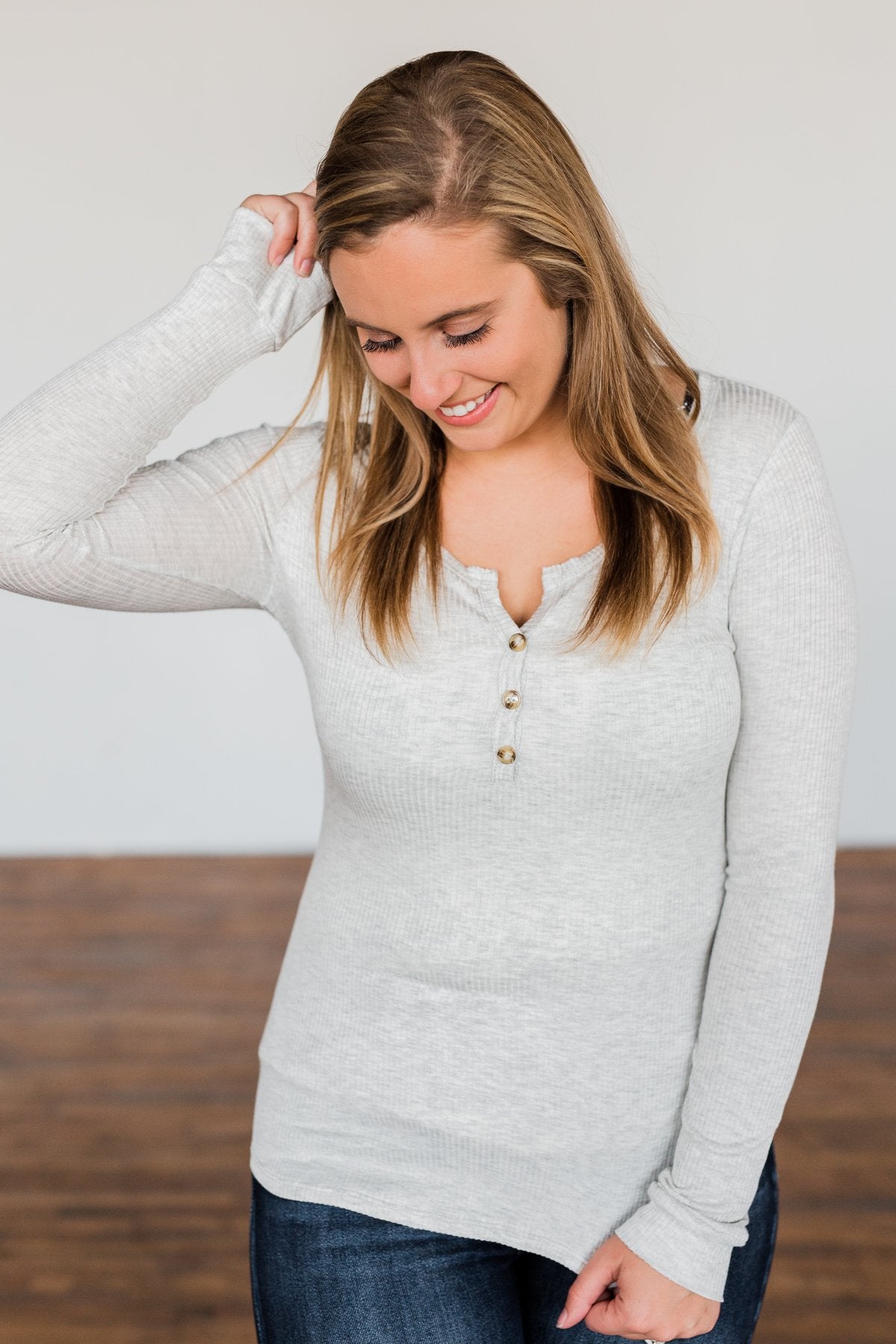 Break The Silence Button Henley Top- Light Heather Grey