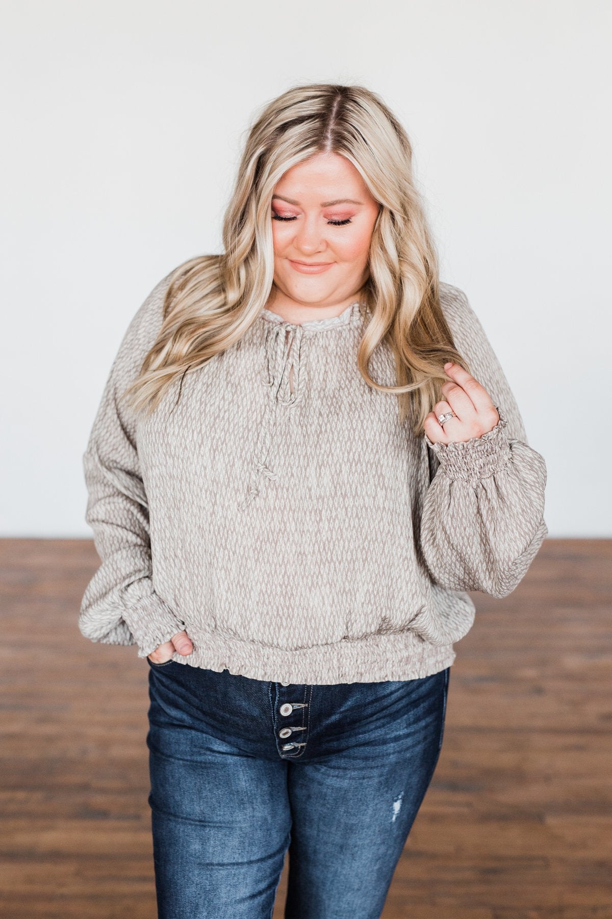 Feel The Love Long Sleeve Printed Top- Taupe & Ivory