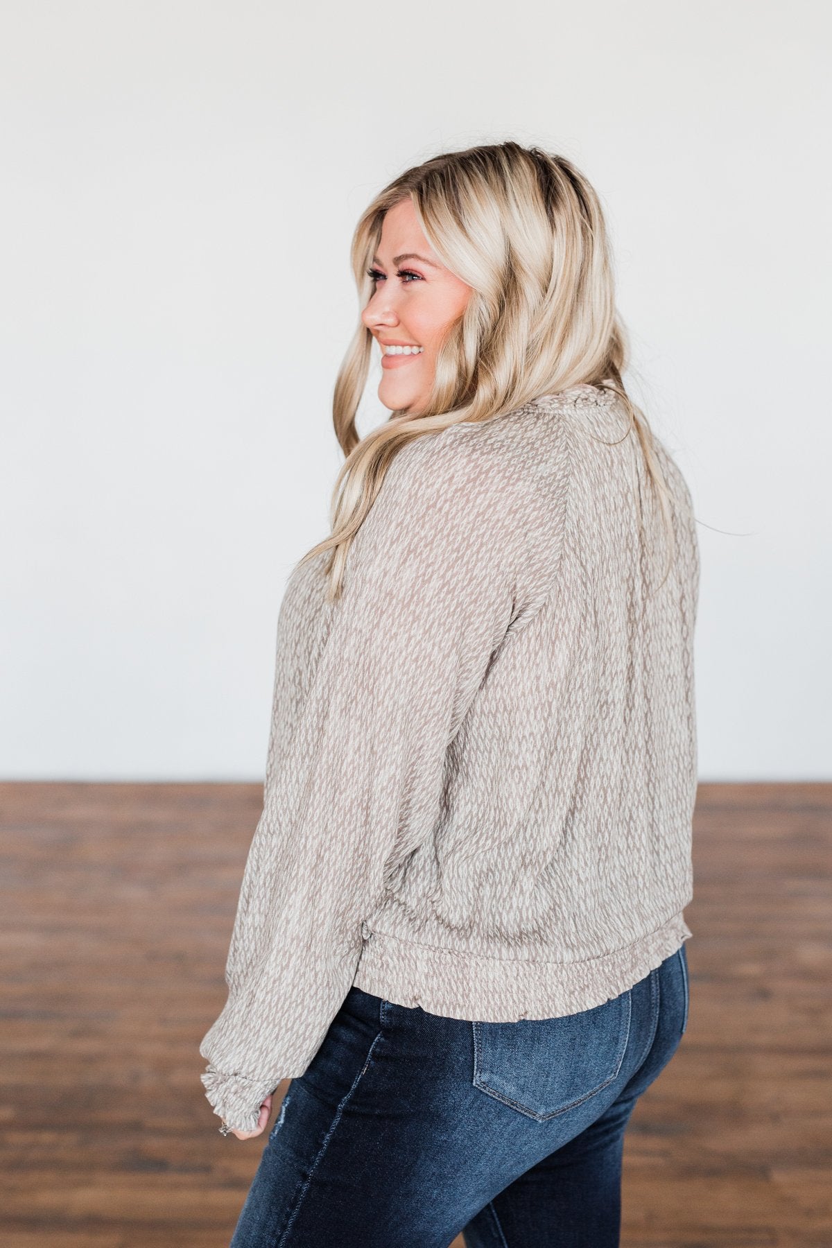 Feel The Love Long Sleeve Printed Top- Taupe & Ivory