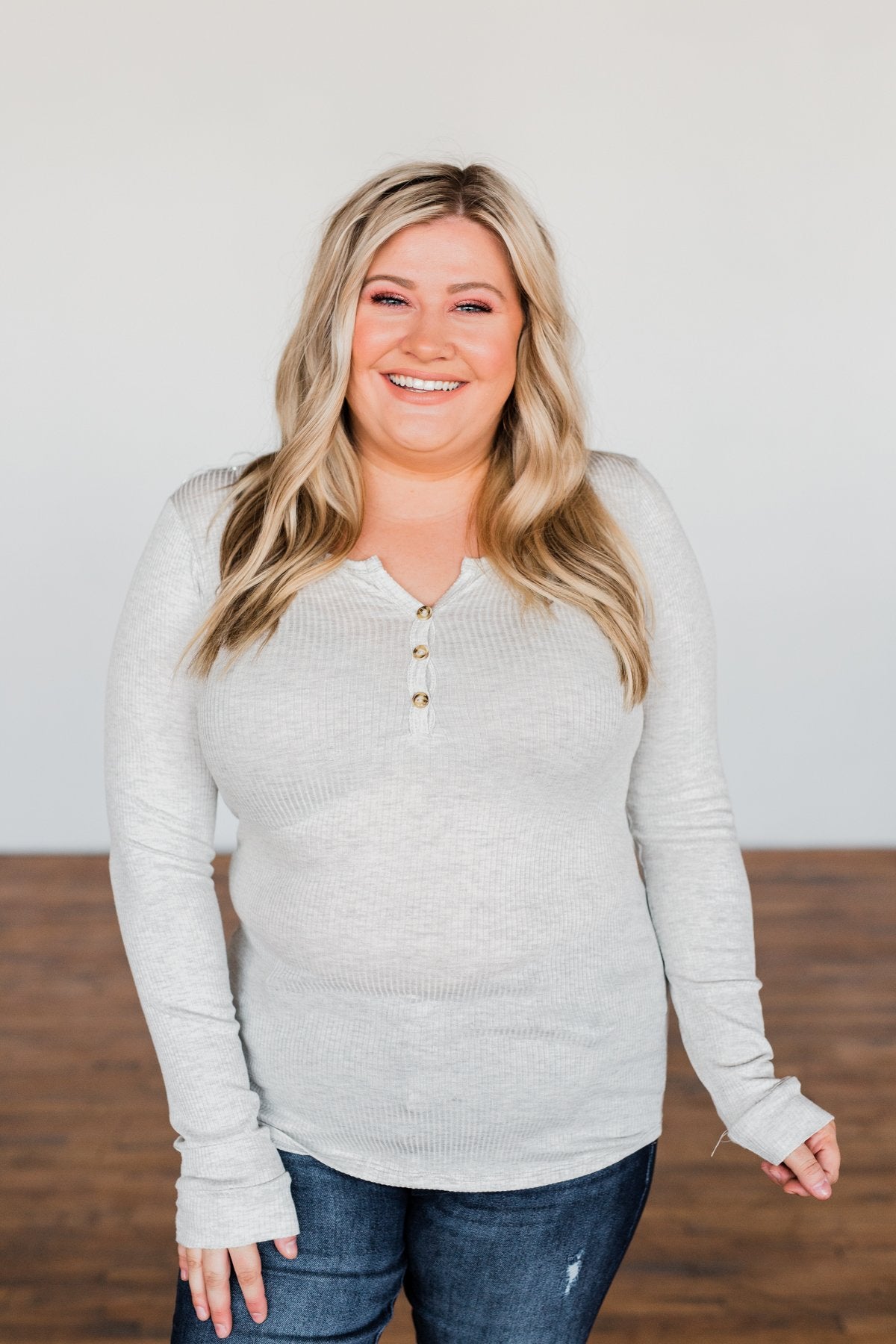 Break The Silence Button Henley Top- Light Heather Grey