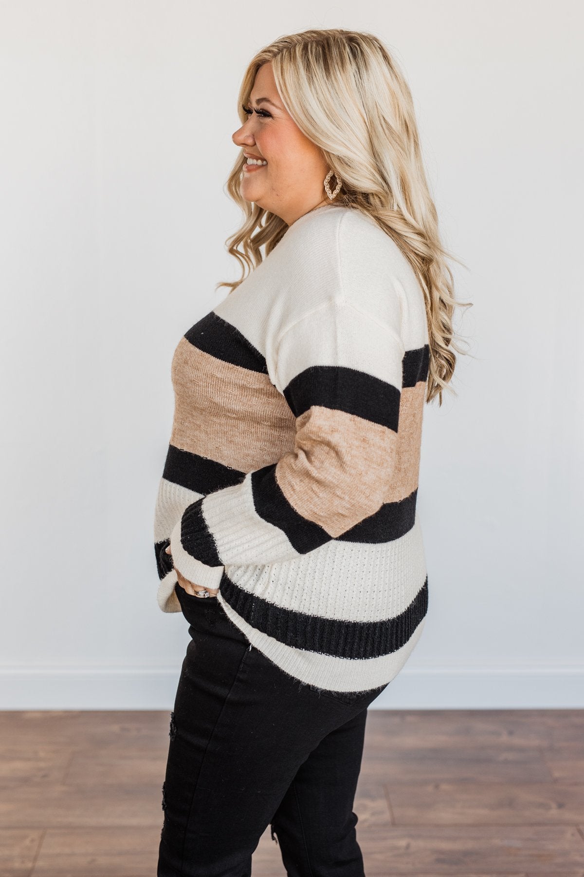 Pretty As A Picture Color Block Sweater- Ivory, Tan & Black