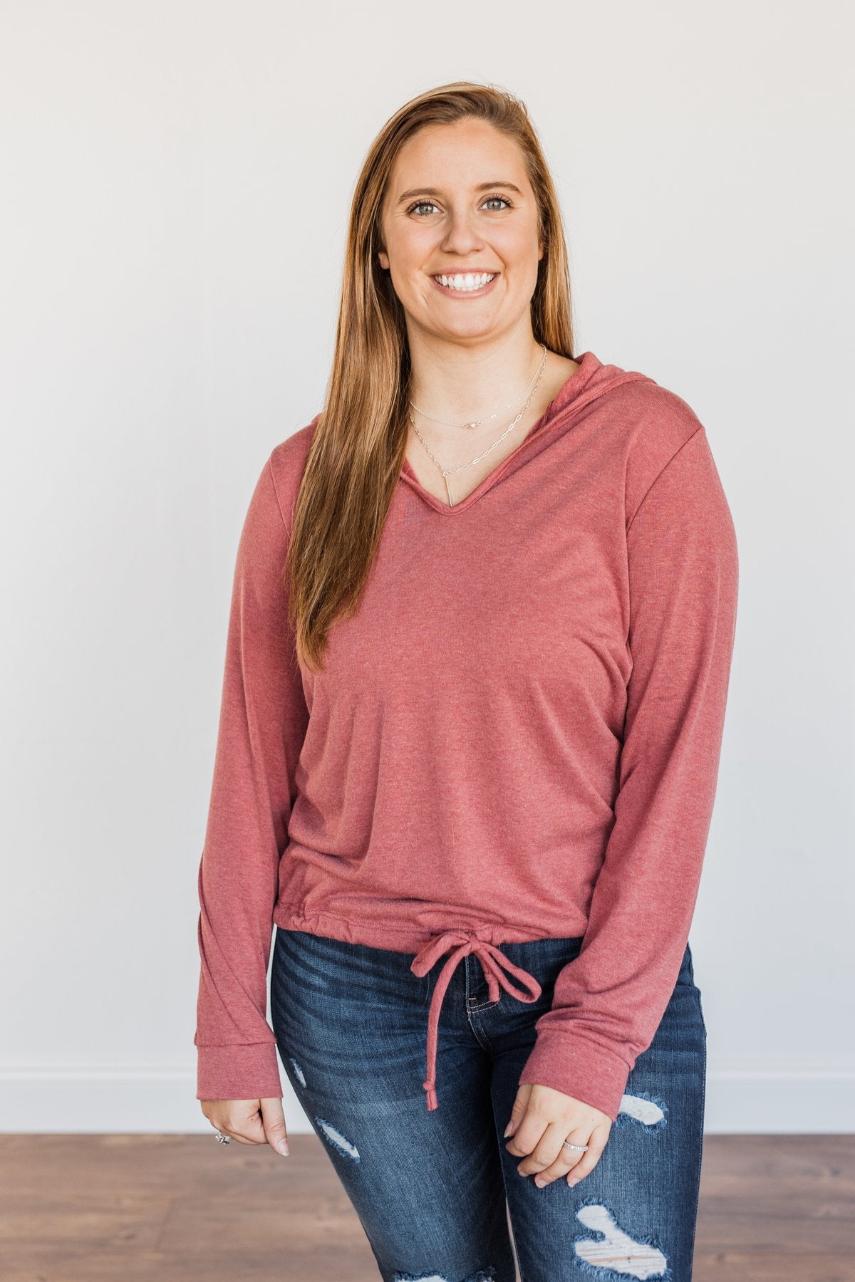 Spice It Up V-Neck Hoodie- Dusty Brick