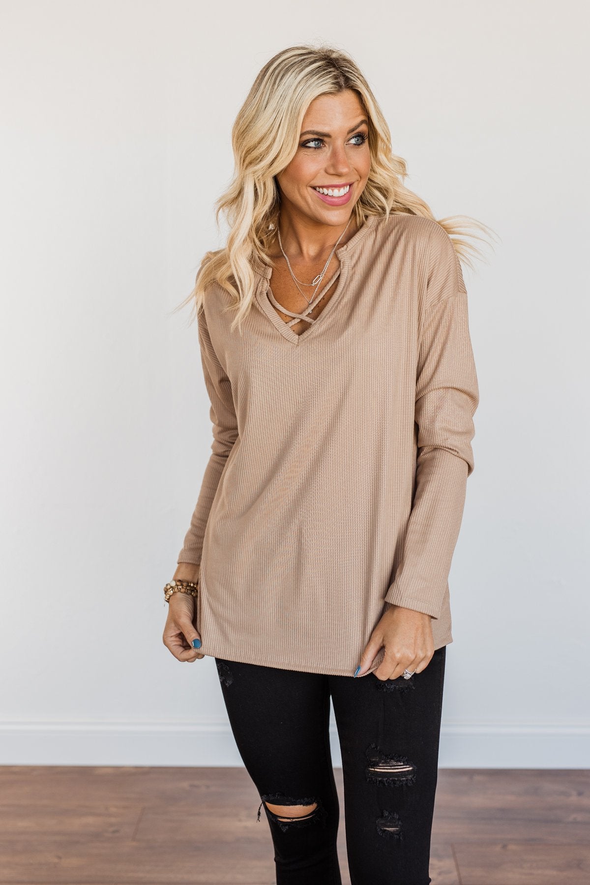 Spice Of Life Criss Cross Ribbed Knit Top- Light Taupe