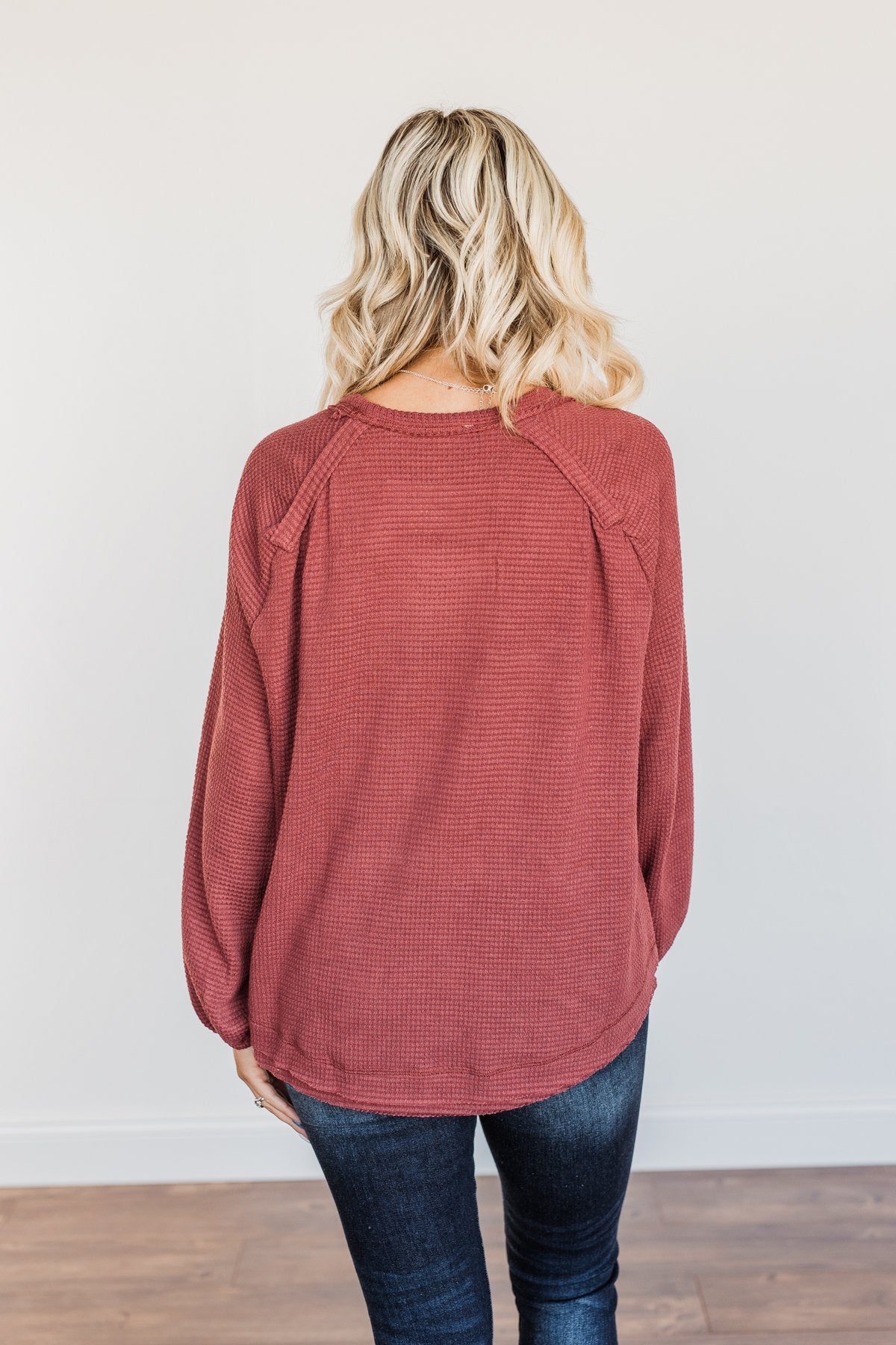 Out Of The Woods Waffle Knit Long Sleeve Top- Burgundy
