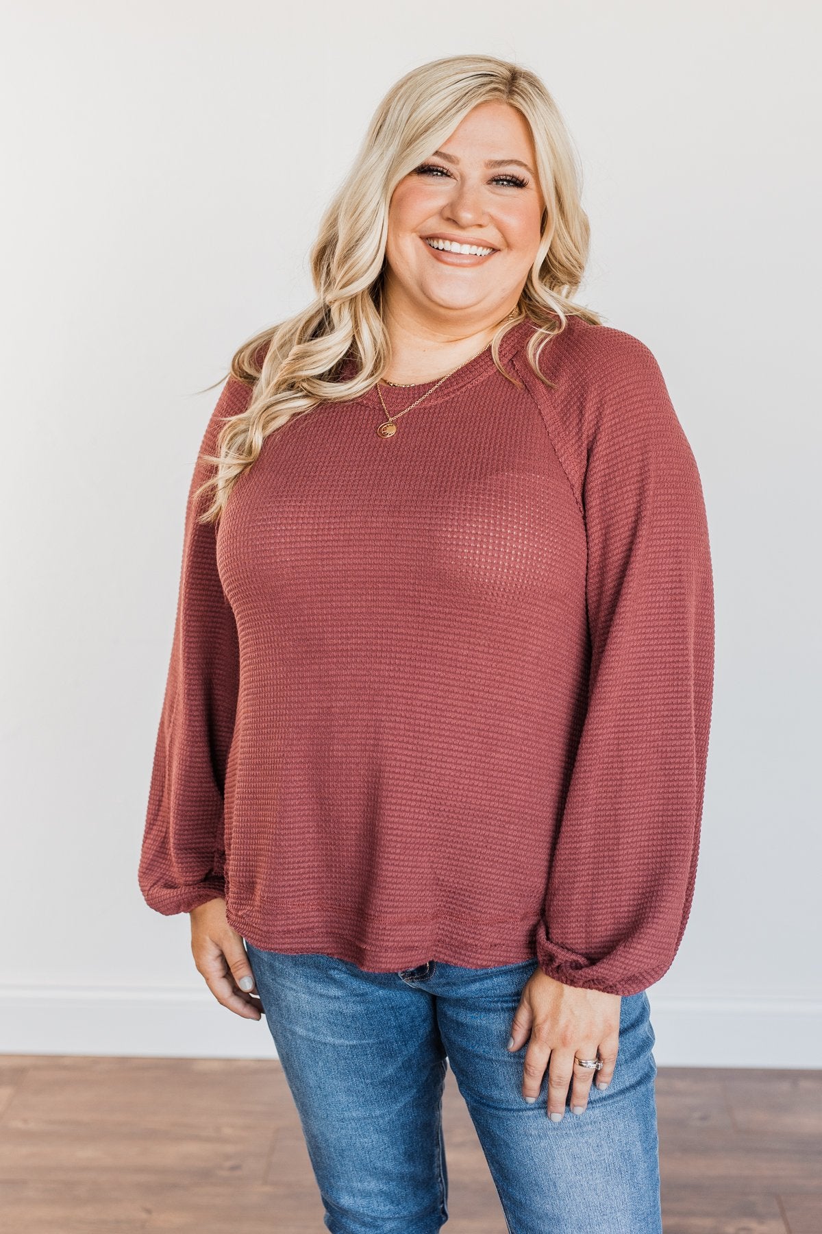 Out Of The Woods Waffle Knit Long Sleeve Top- Burgundy