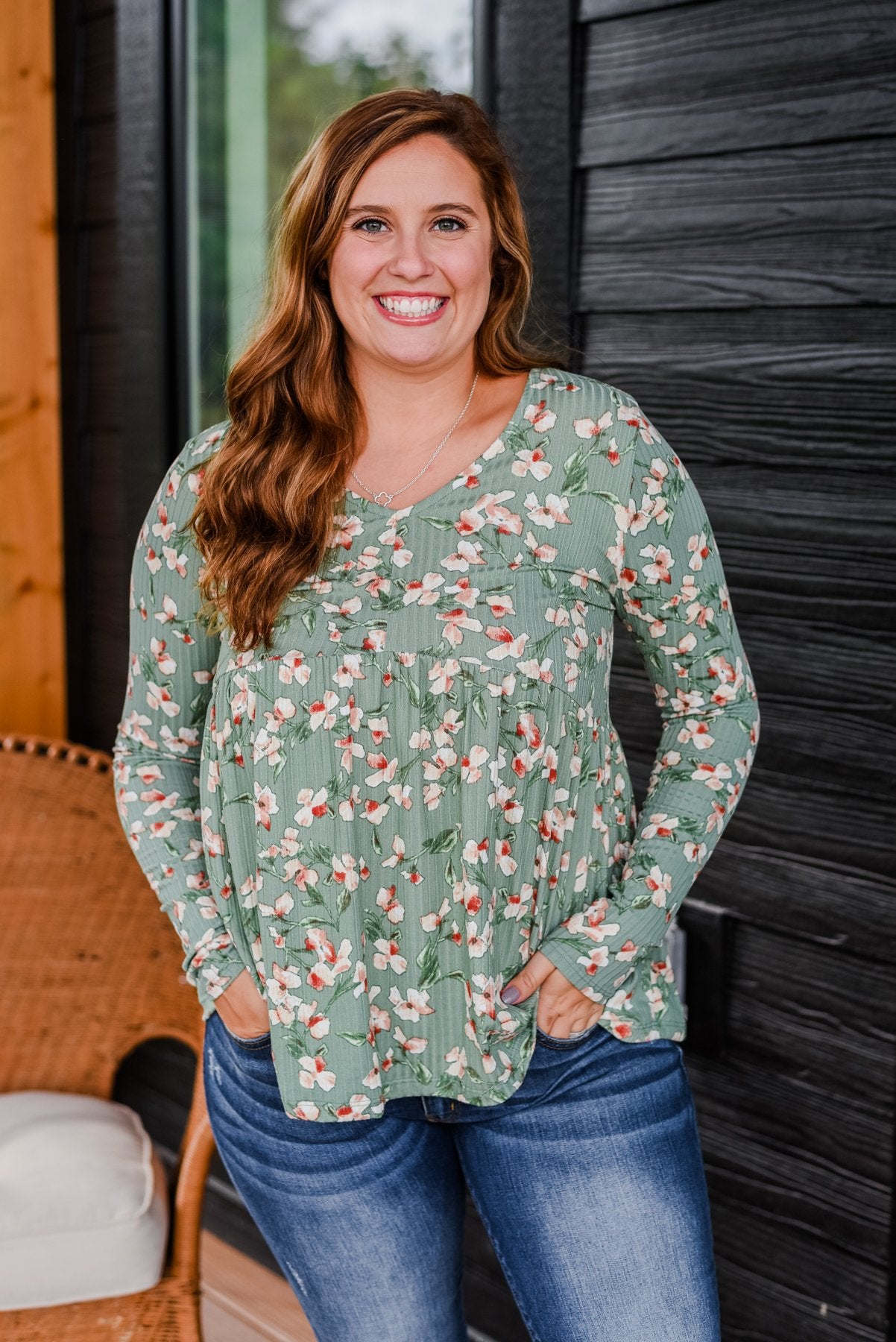 Sage Floral Smocked Babydoll Top