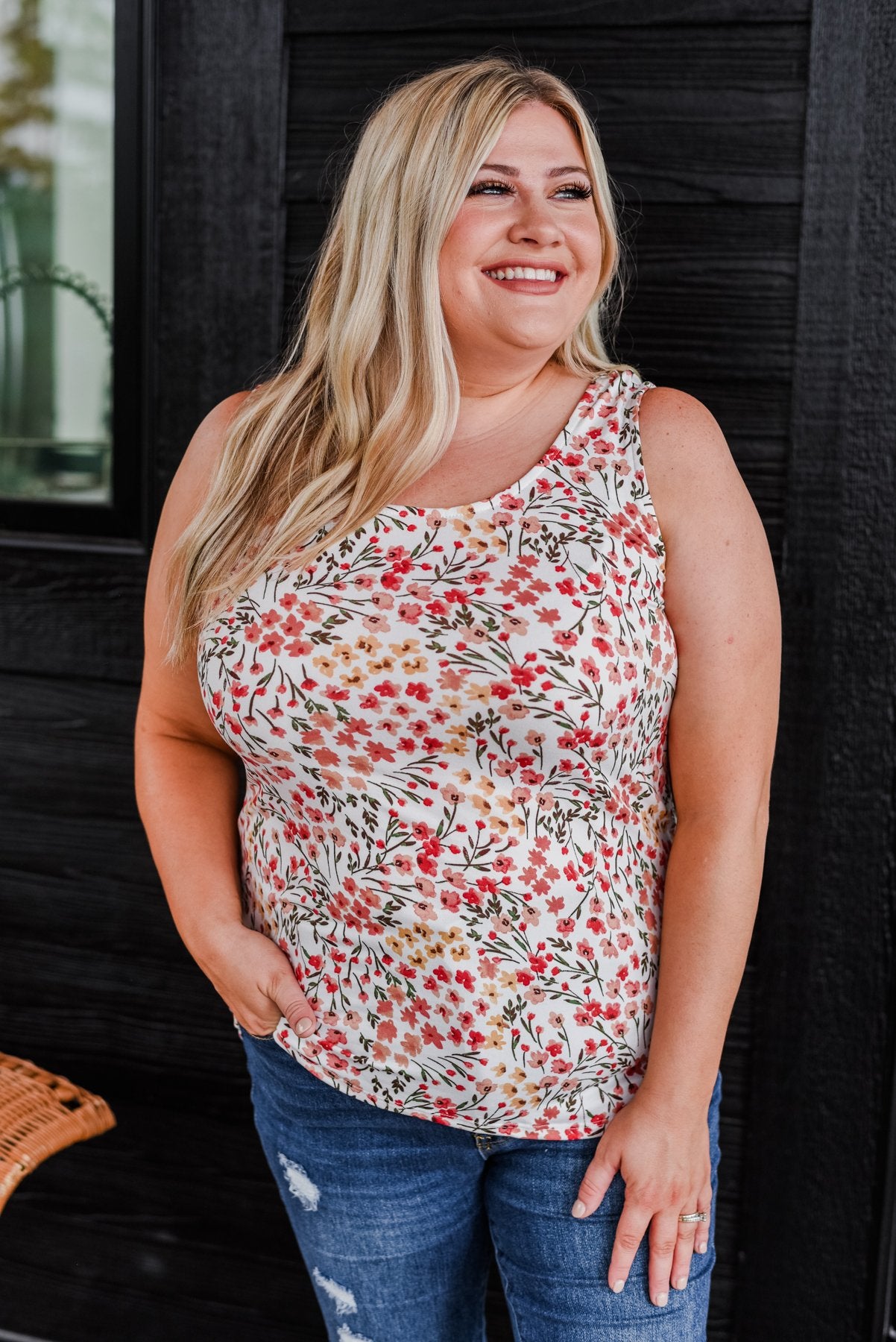 Love To Give Floral Tank Top- Ivory, Rust, & Forest Green