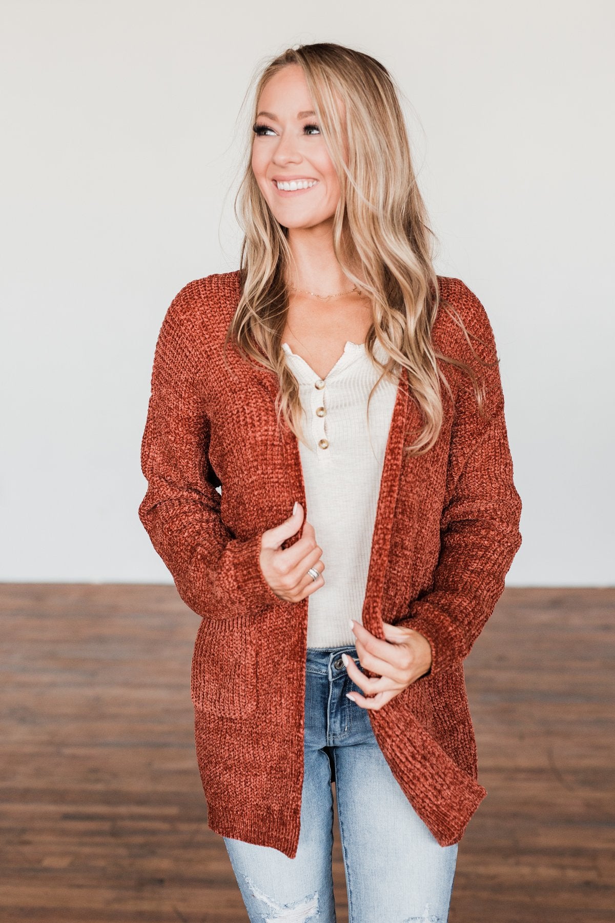 Have My Heart Velvet Chenille Cardigan- Rust