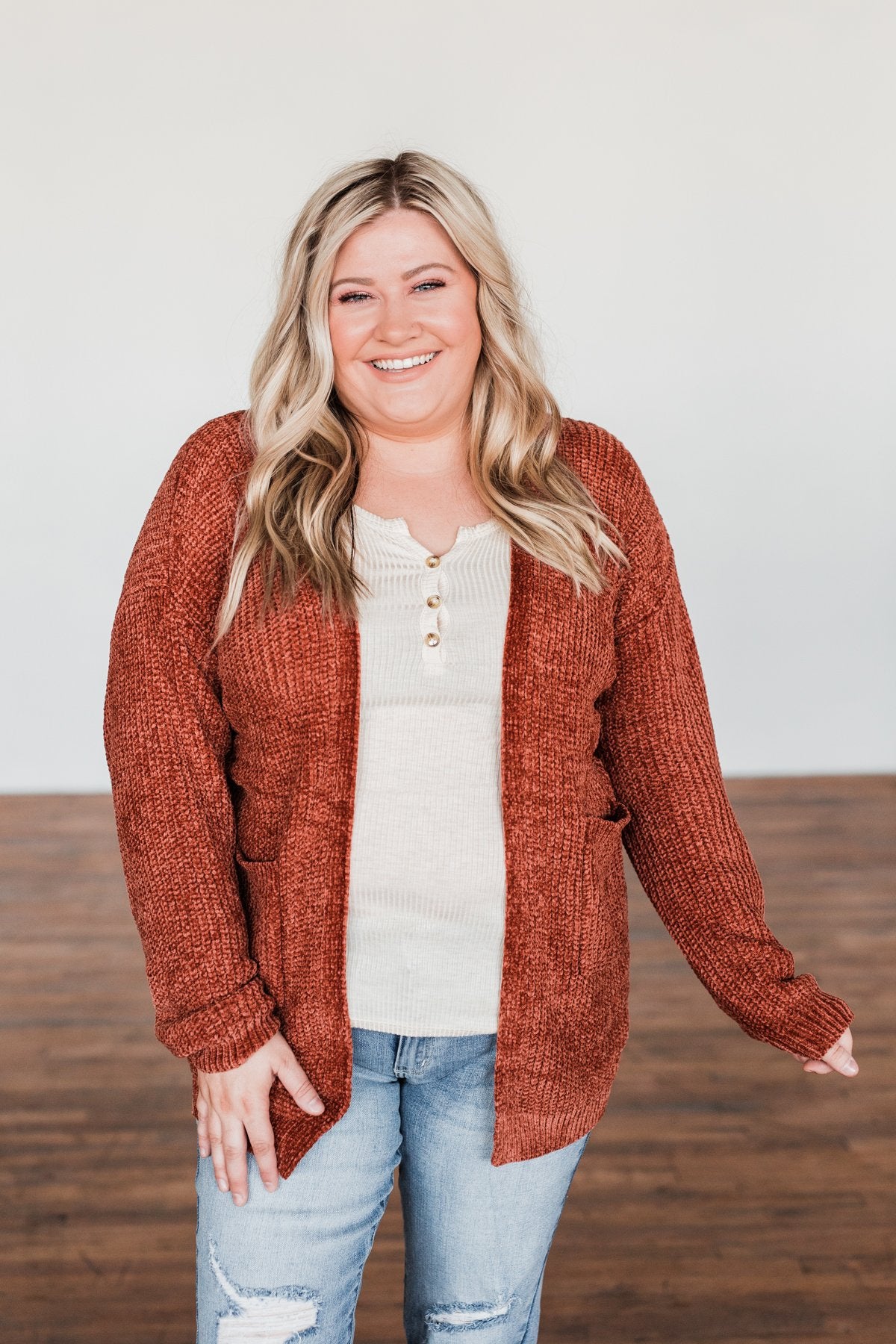 Have My Heart Velvet Chenille Cardigan- Rust
