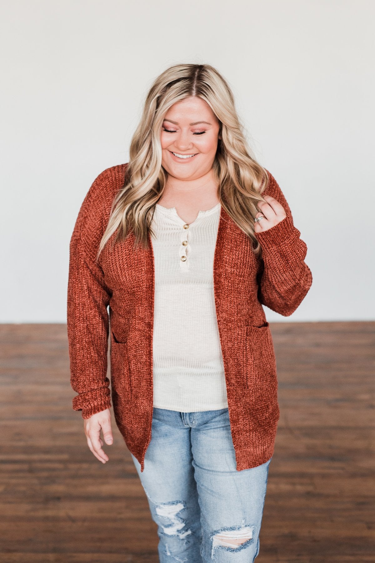 Have My Heart Velvet Chenille Cardigan- Rust