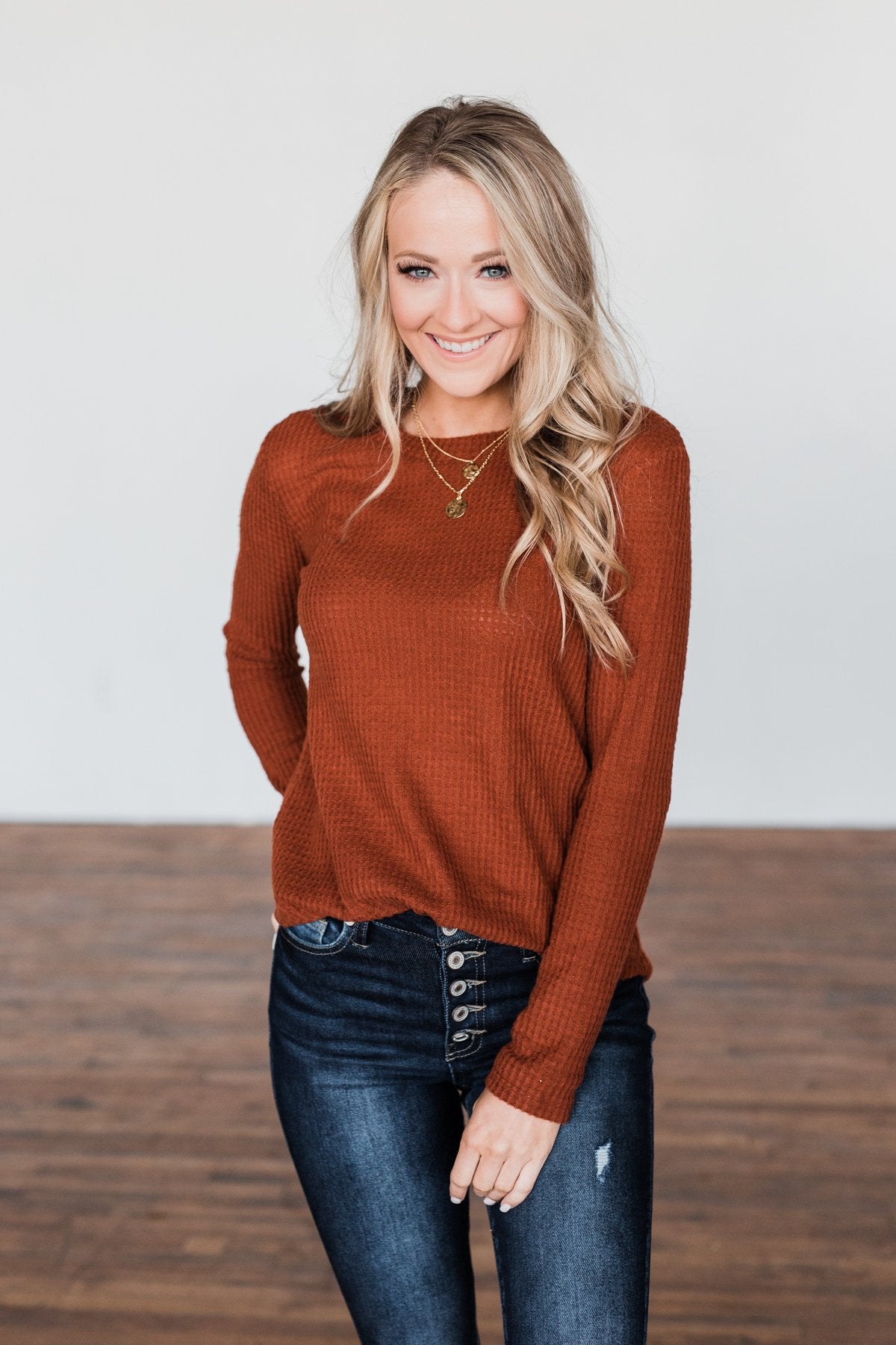 Be With You Waffle Knit Top- Rust