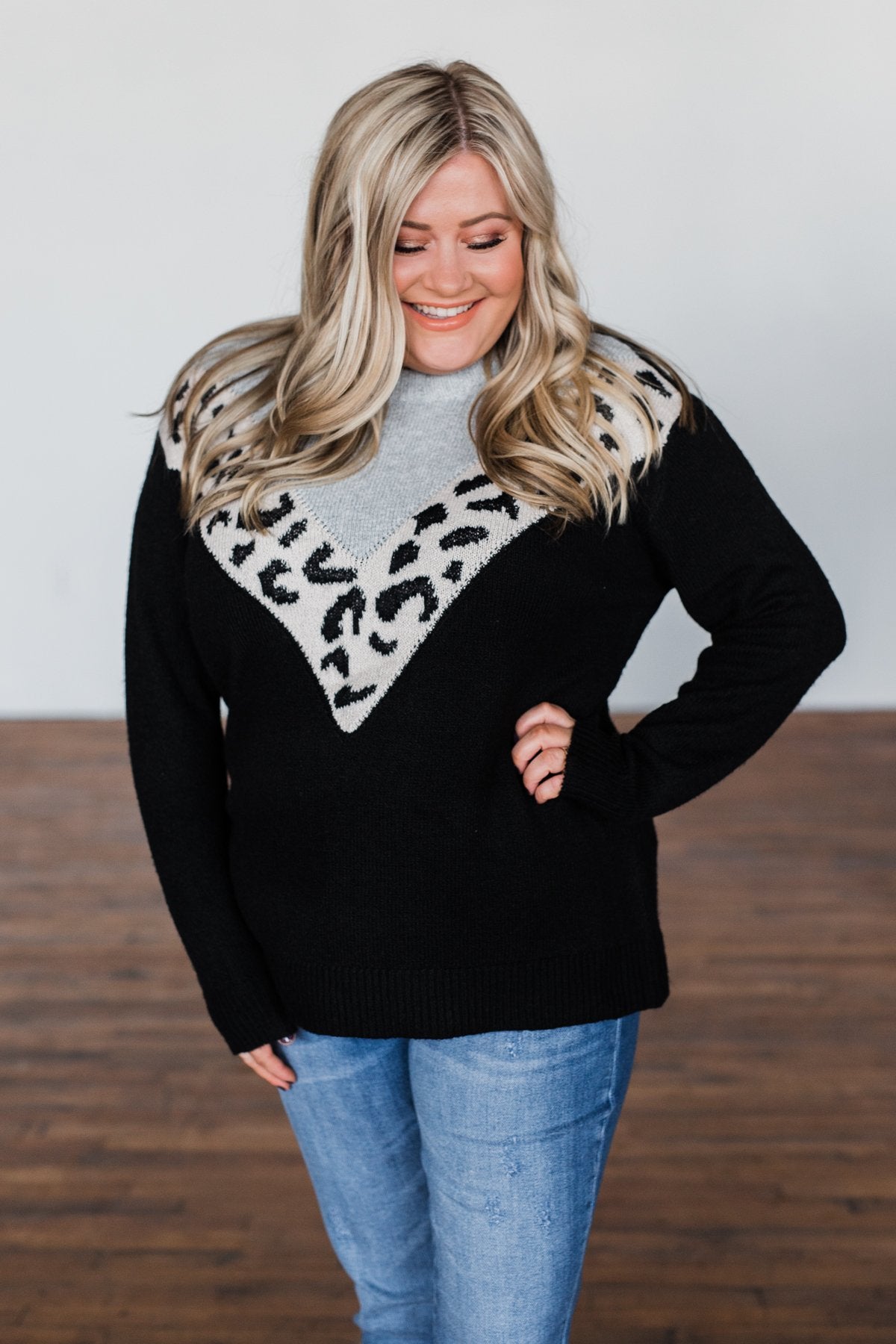 Love Fiercely Chevron Color Block Sweater- Black, Grey, & Leopard