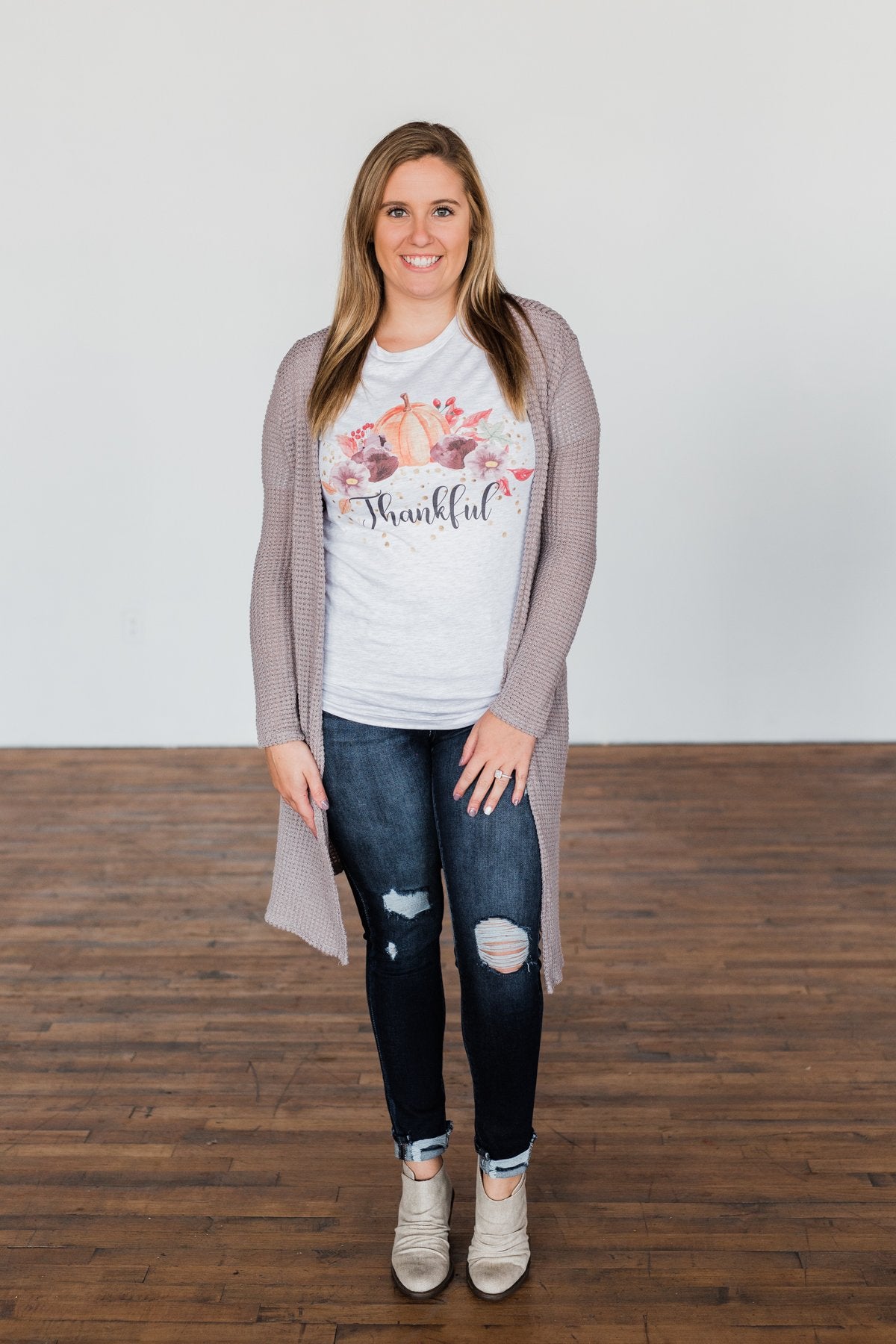 "Thankful" Pumpkin Graphic Tee- Heather Grey