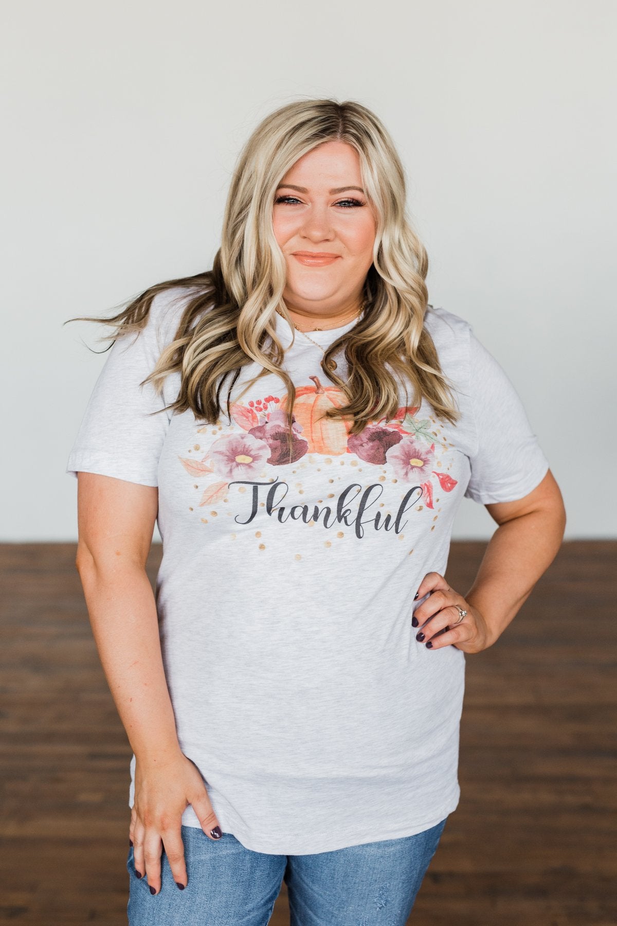 "Thankful" Pumpkin Graphic Tee- Heather Grey