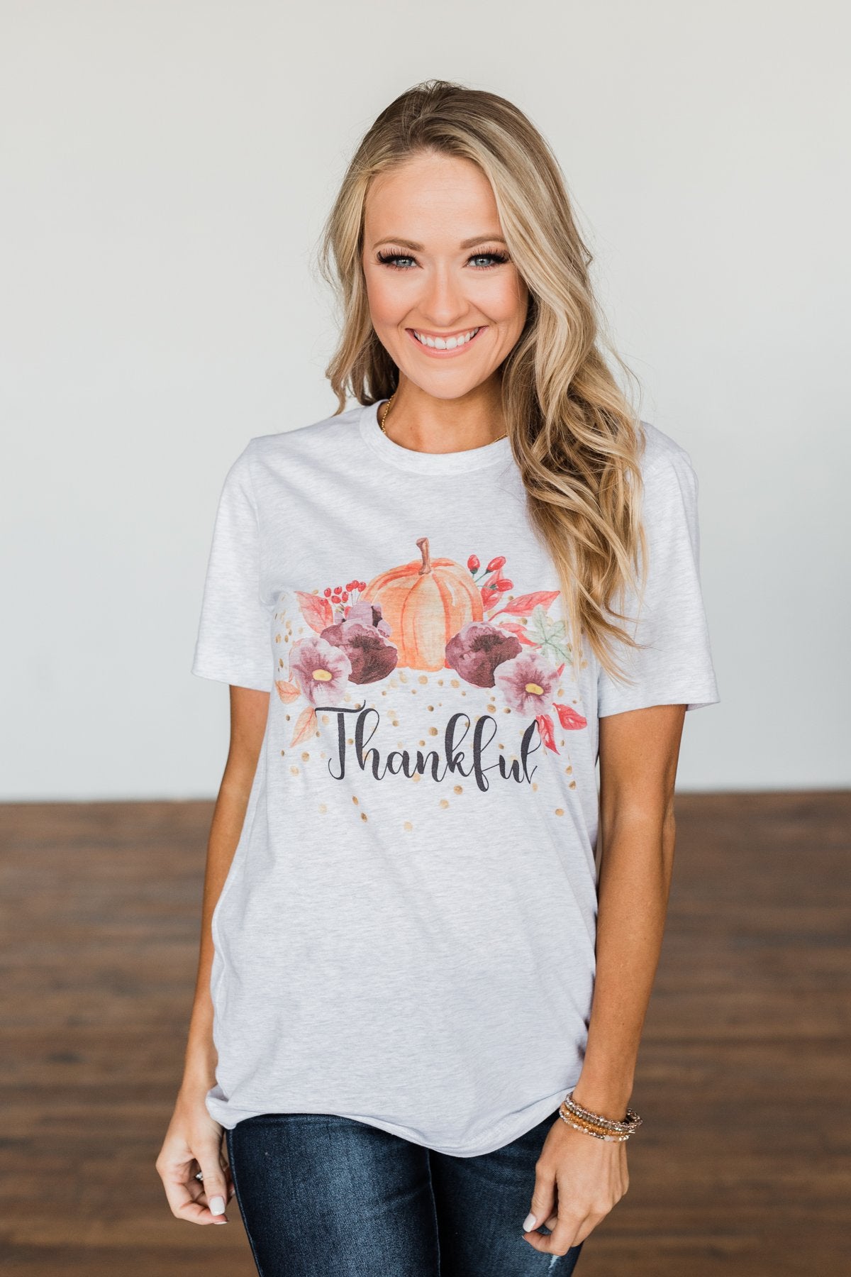 "Thankful" Pumpkin Graphic Tee- Heather Grey