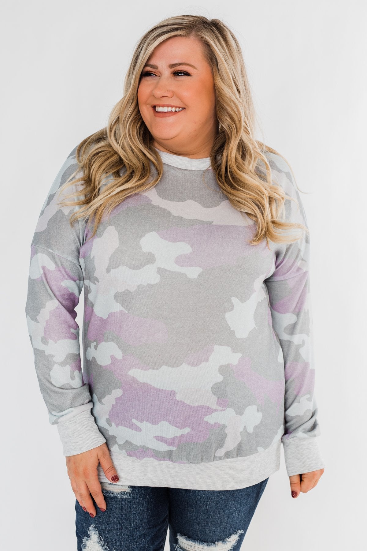 Camo Print Long Sleeve Top- Purple