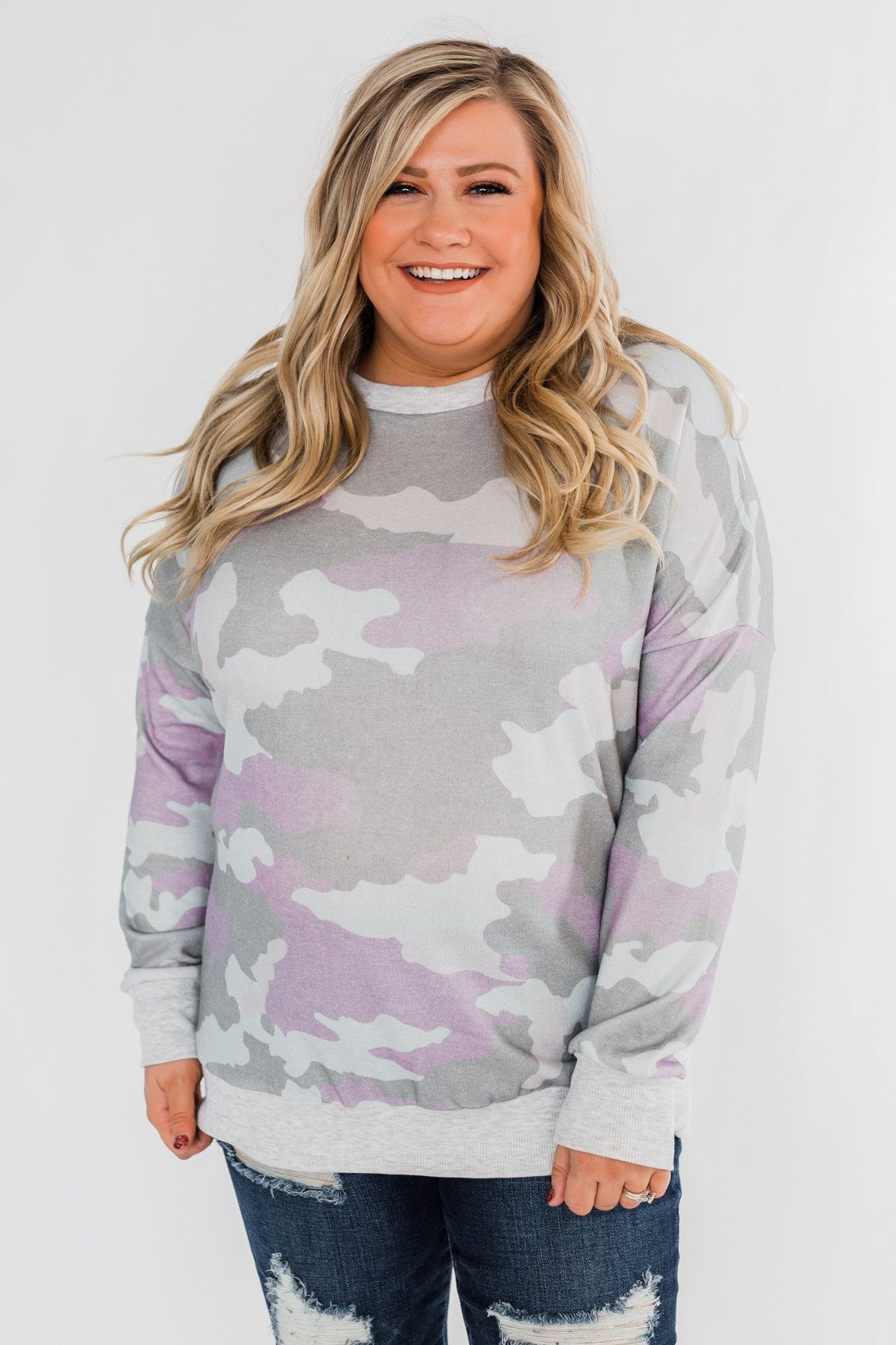 Camo Print Long Sleeve Top- Purple