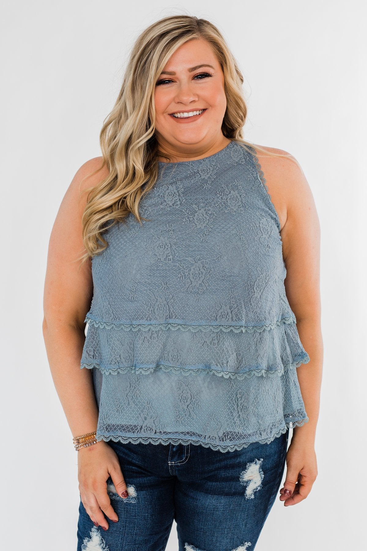 Captivating In Lace Ruffle Tank Top- Slate Blue
