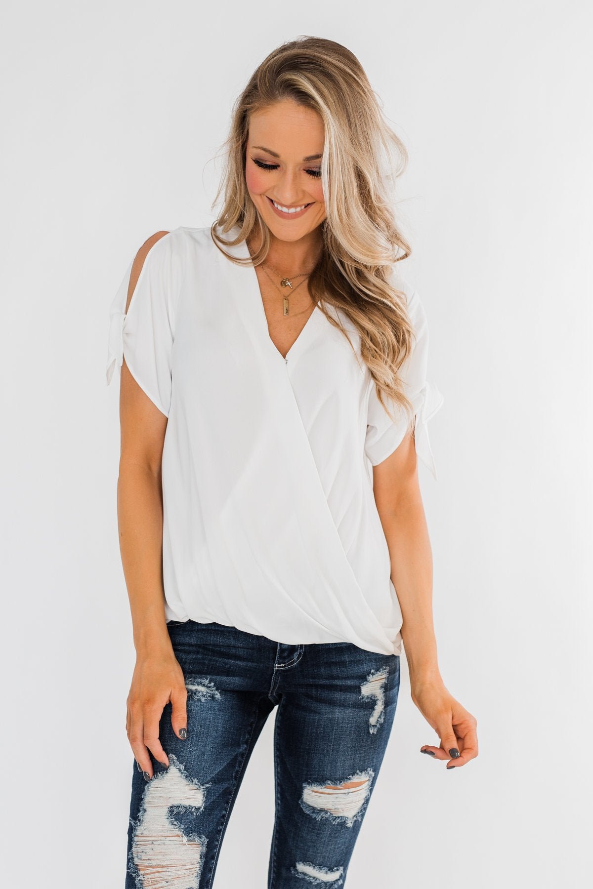 Cold Shoulder Wrap Blouse- Off White