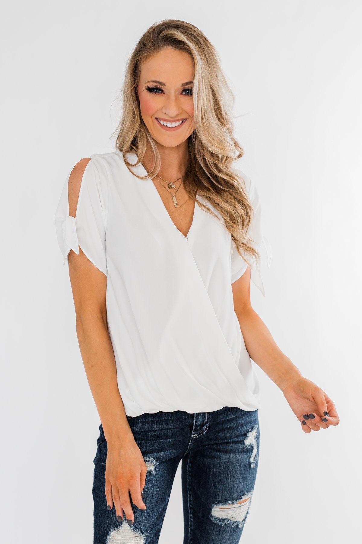 Cold Shoulder Wrap Blouse- Off White