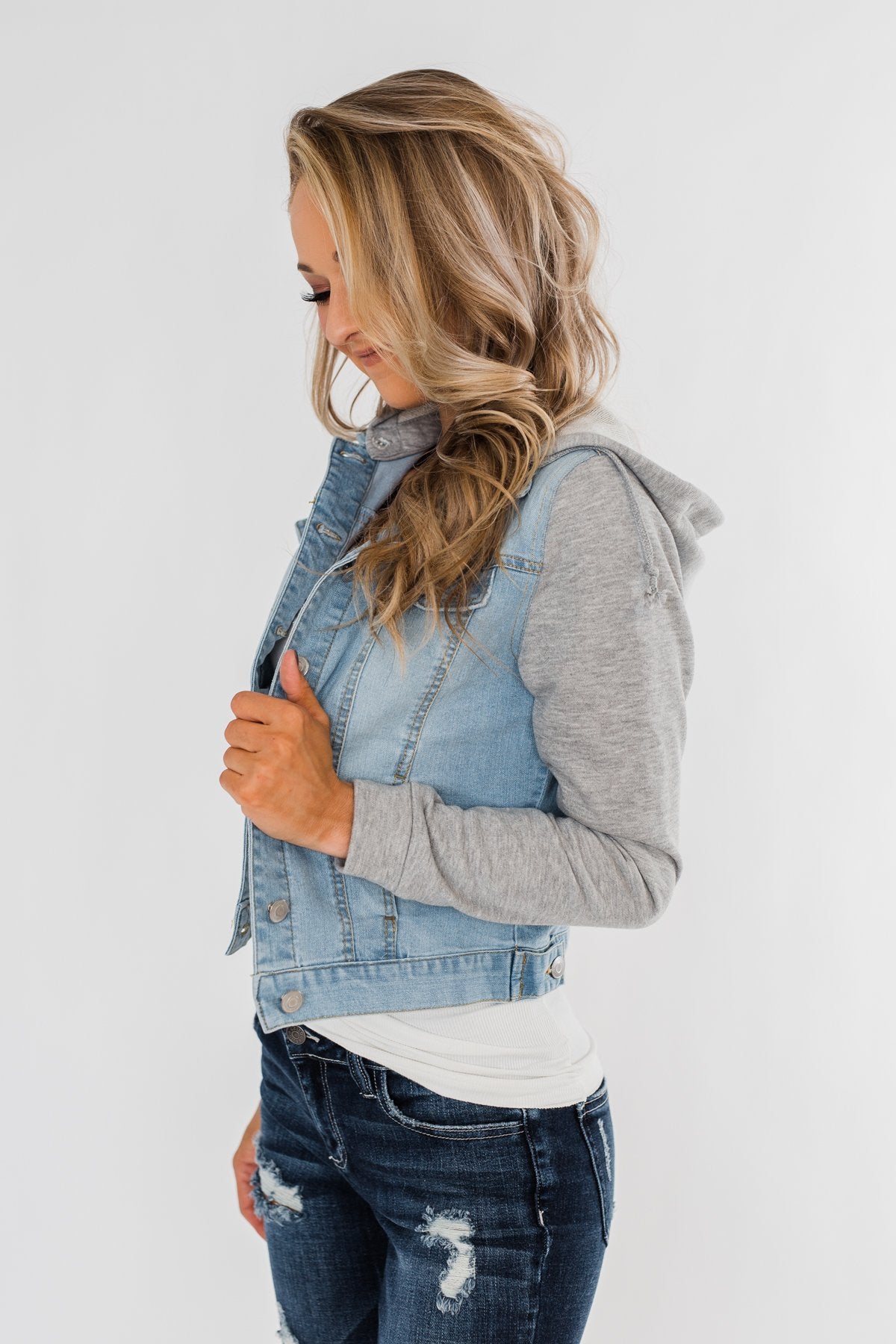 Layered Denim Hooded Jacket- Light Wash