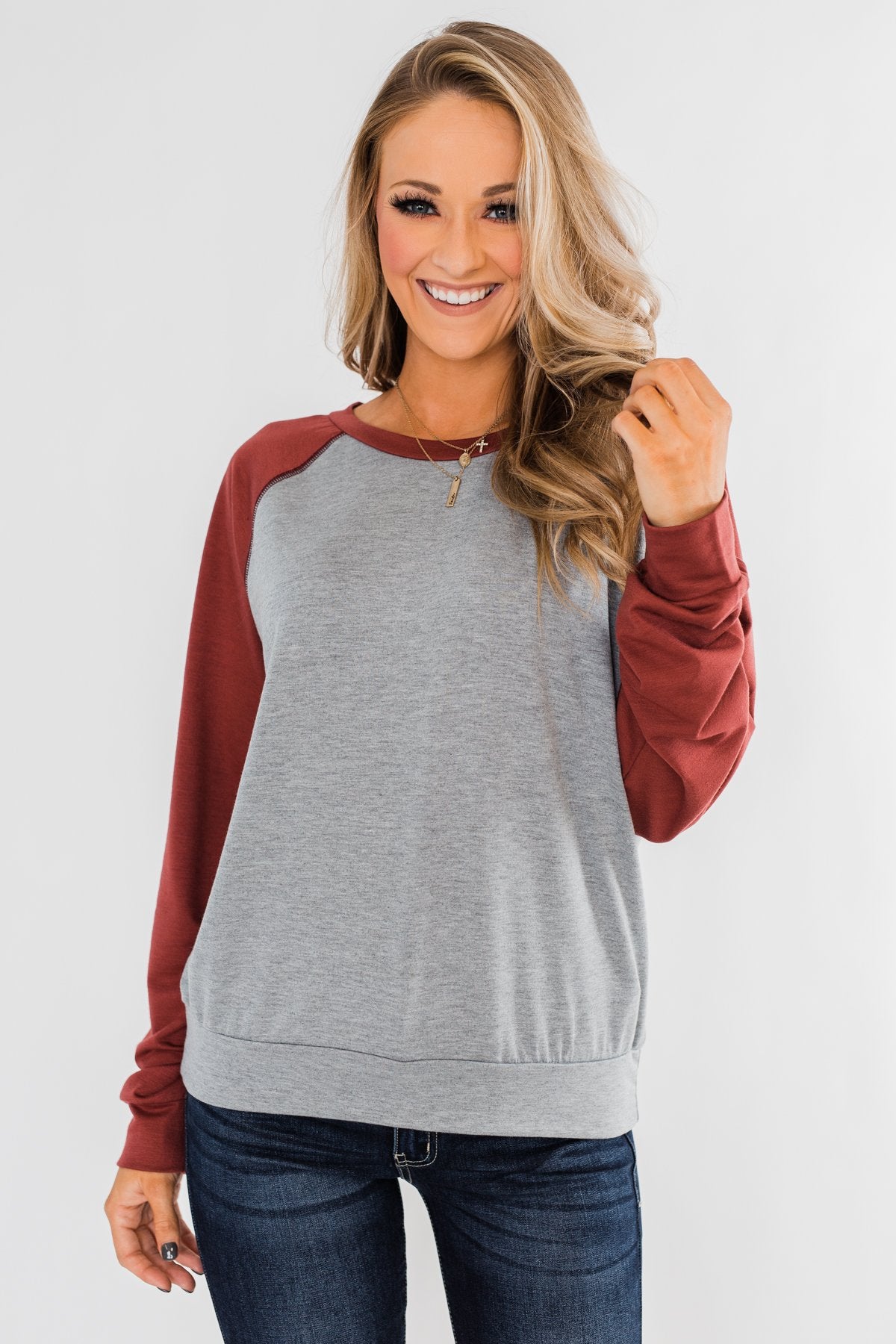 Never Let Me Go Raglan Top- Grey & Rust