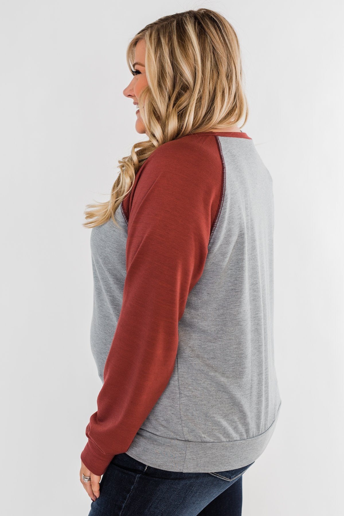 Never Let Me Go Raglan Top- Grey & Rust