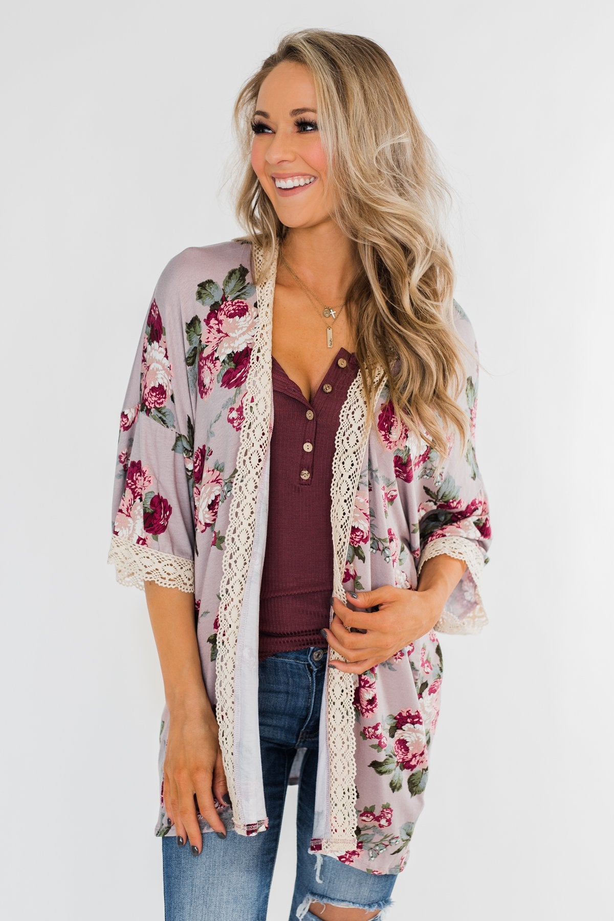 Thought Of You Crochet Floral Kimono- Light Mauve