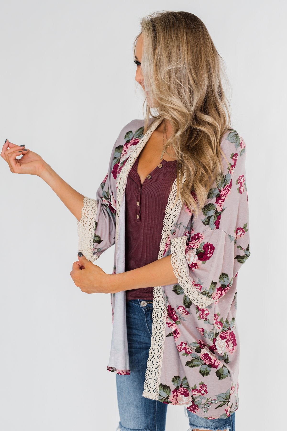 Thought Of You Crochet Floral Kimono- Light Mauve