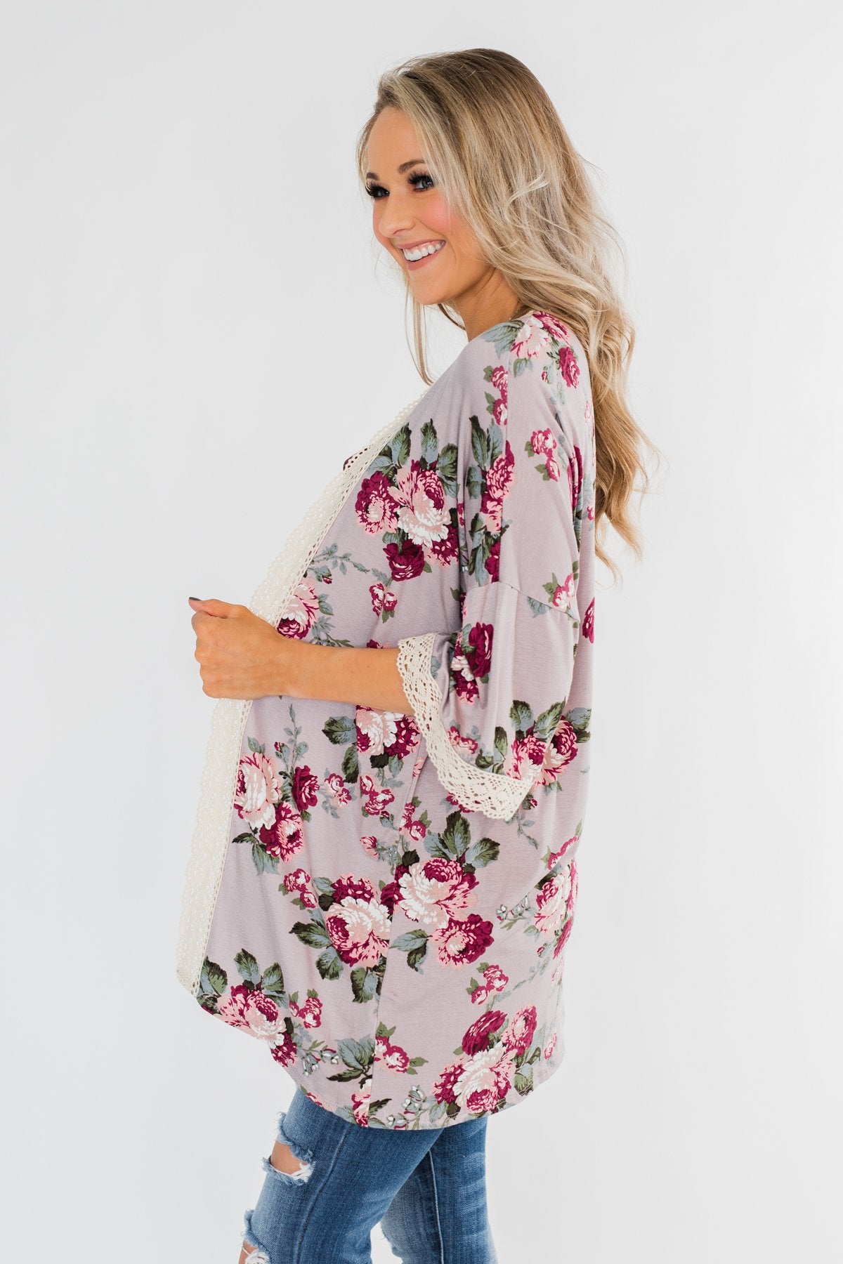 Thought Of You Crochet Floral Kimono- Light Mauve