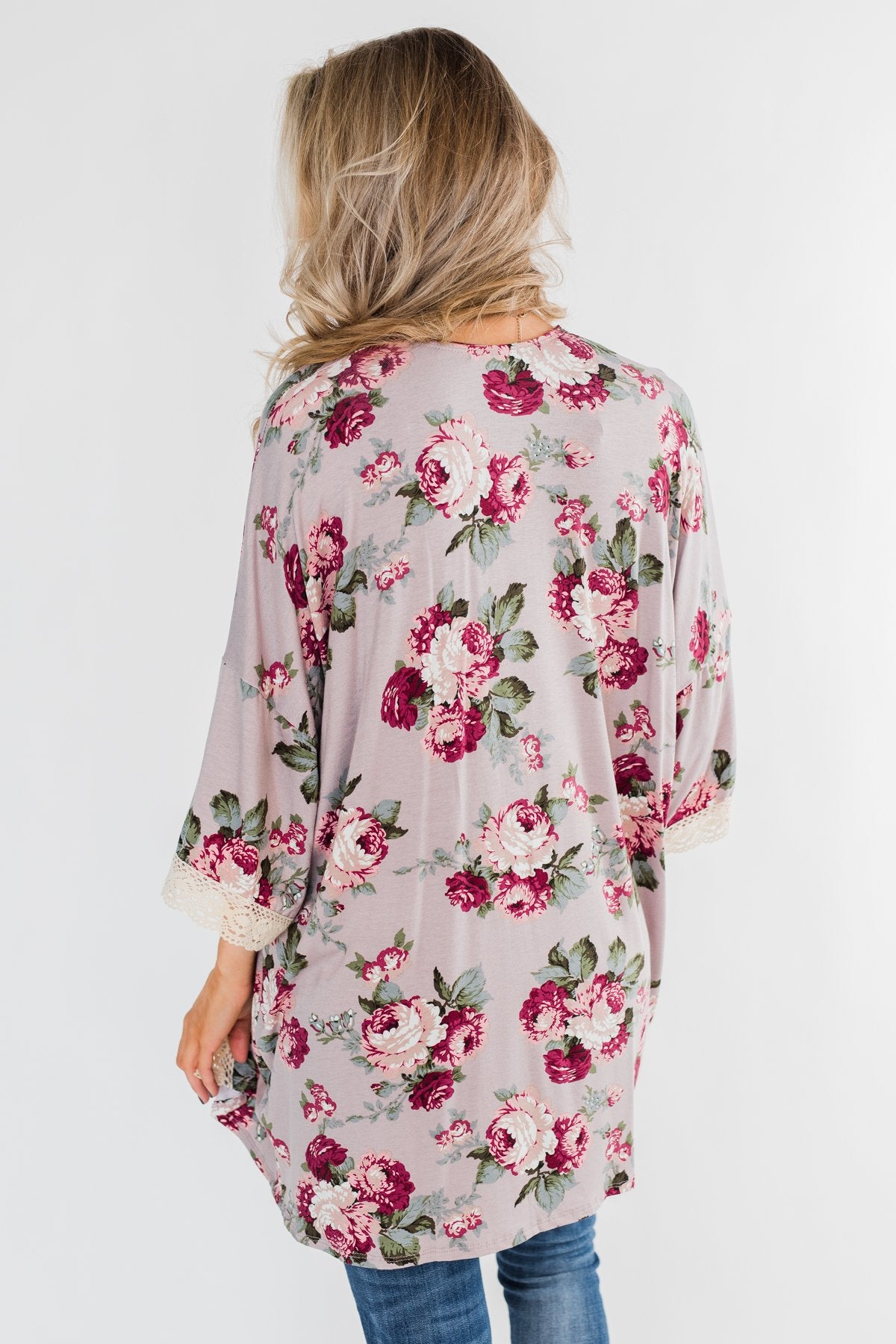 Thought Of You Crochet Floral Kimono- Light Mauve