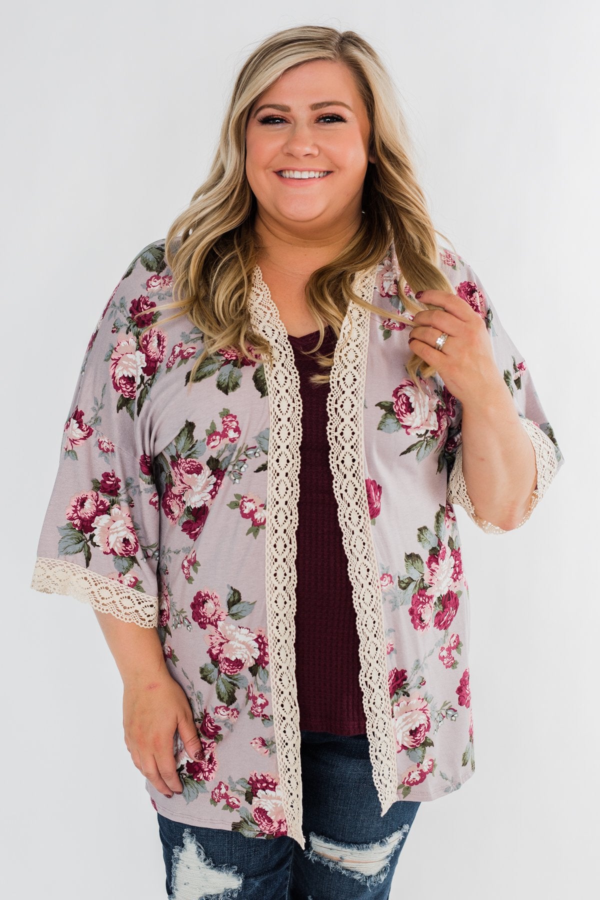 Thought Of You Crochet Floral Kimono- Light Mauve