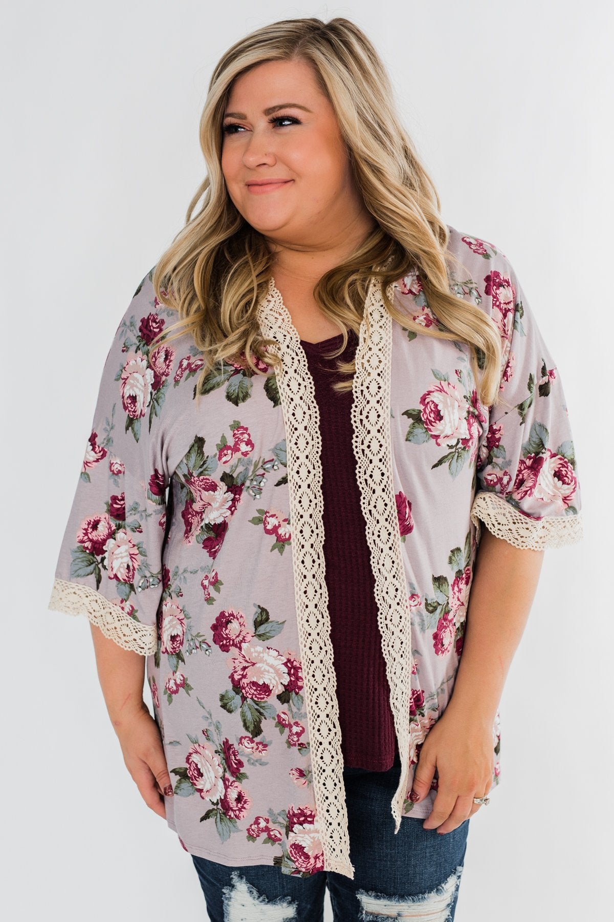 Thought Of You Crochet Floral Kimono- Light Mauve