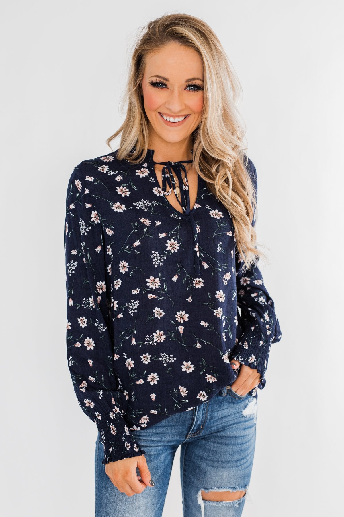 With All The Love For Me Floral Blouse- Navy