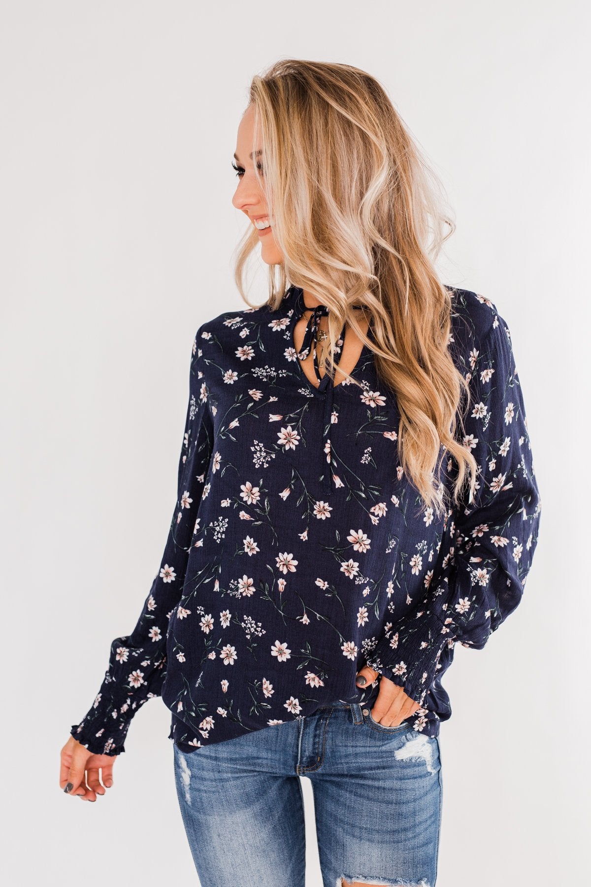 With All The Love For Me Floral Blouse- Navy