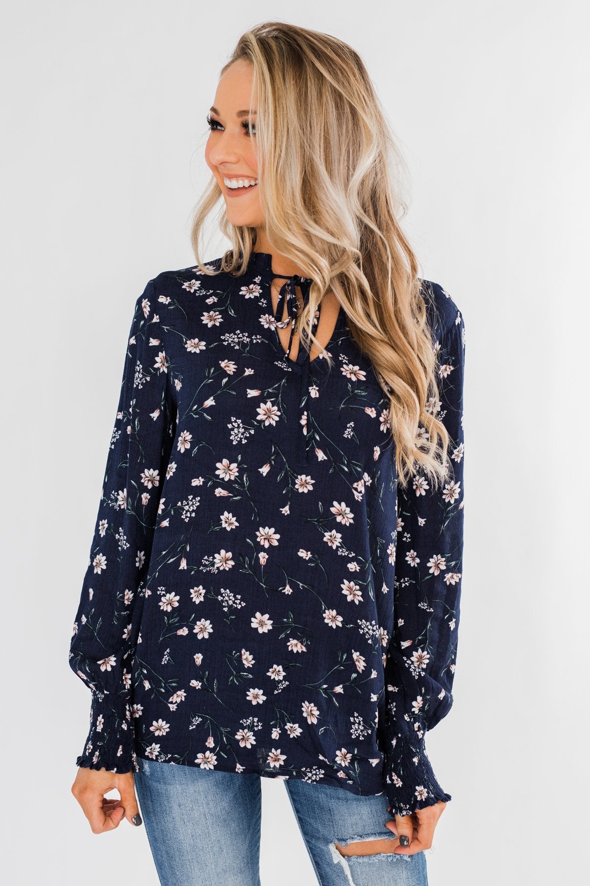 With All The Love For Me Floral Blouse- Navy