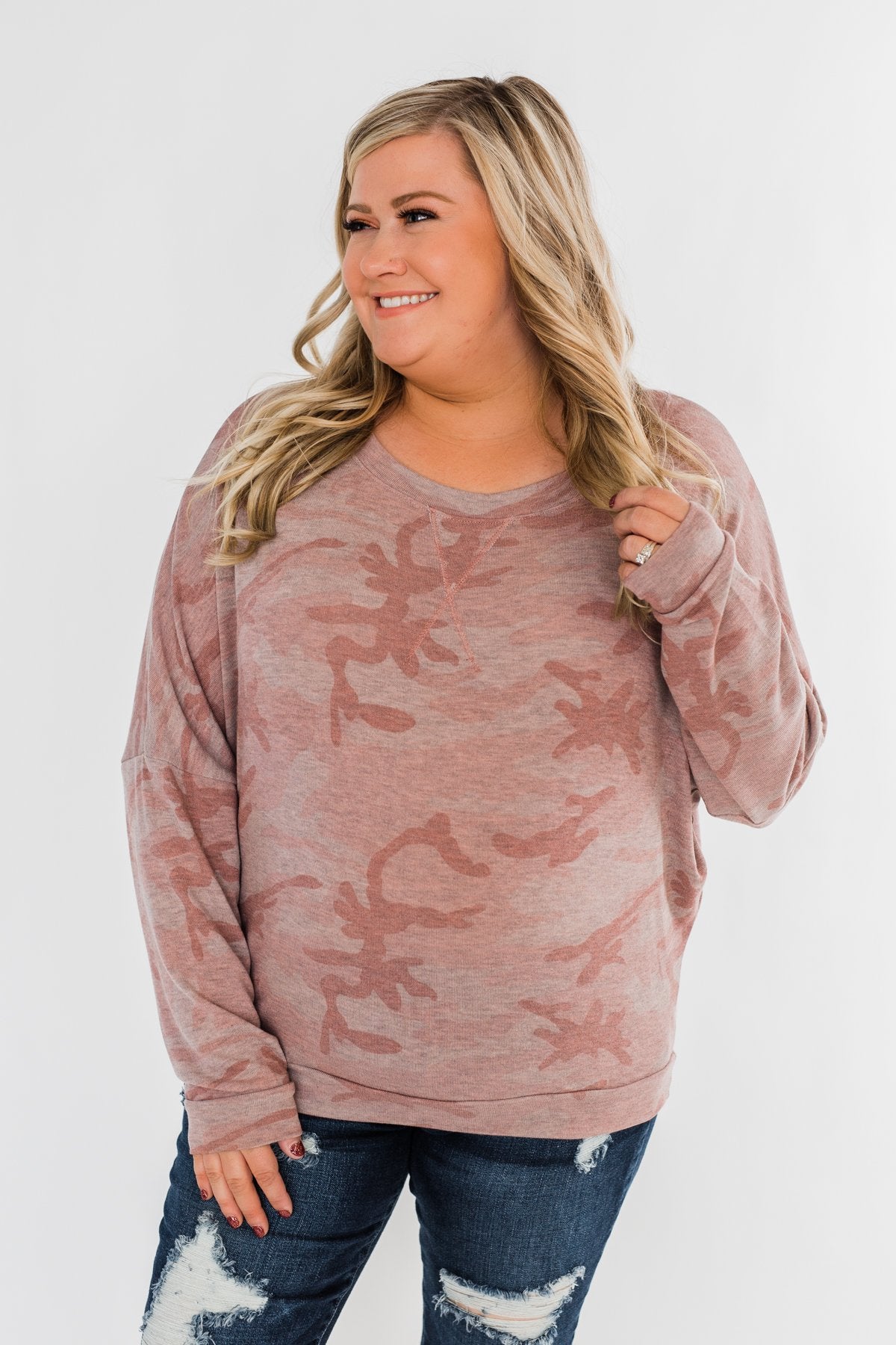Camo Crew Neck Top- Pink & Grey