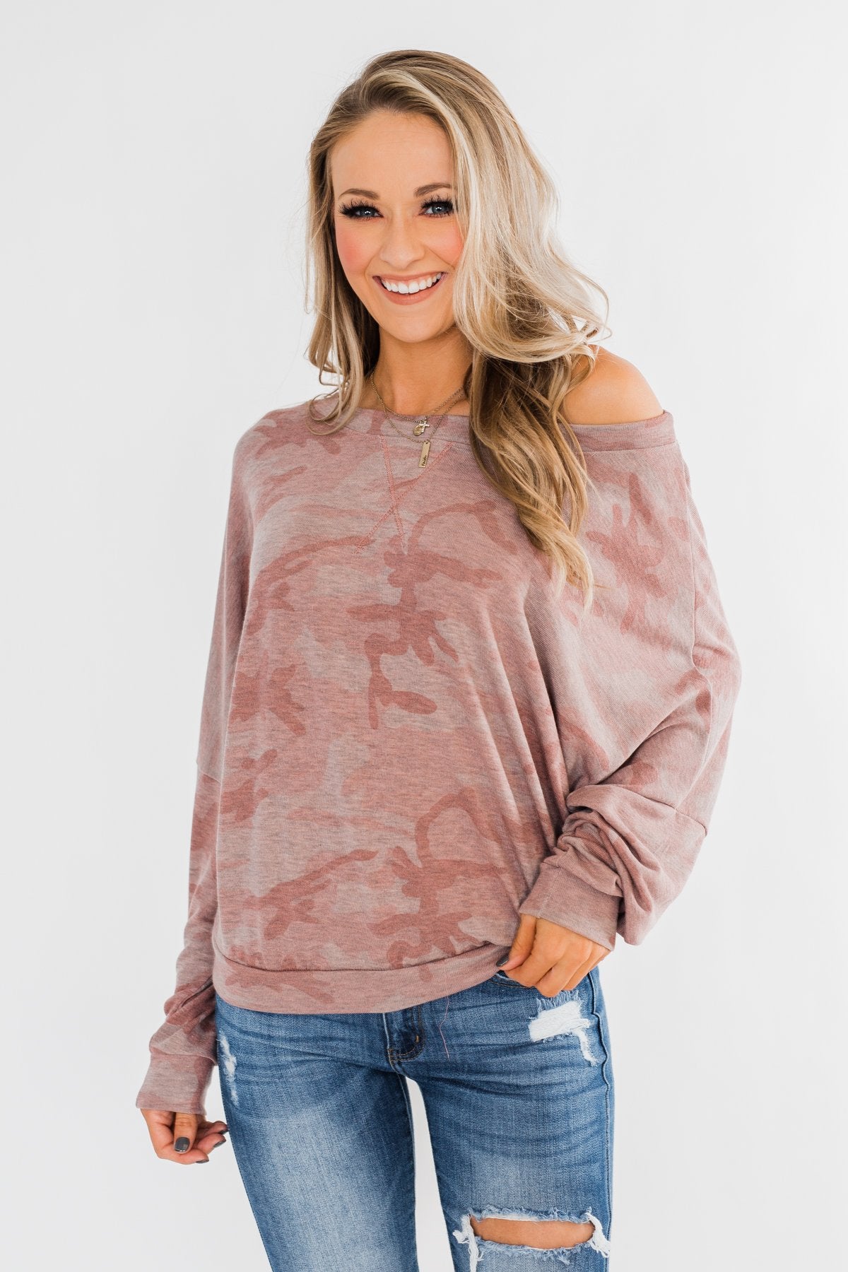 Camo Crew Neck Top- Pink & Grey