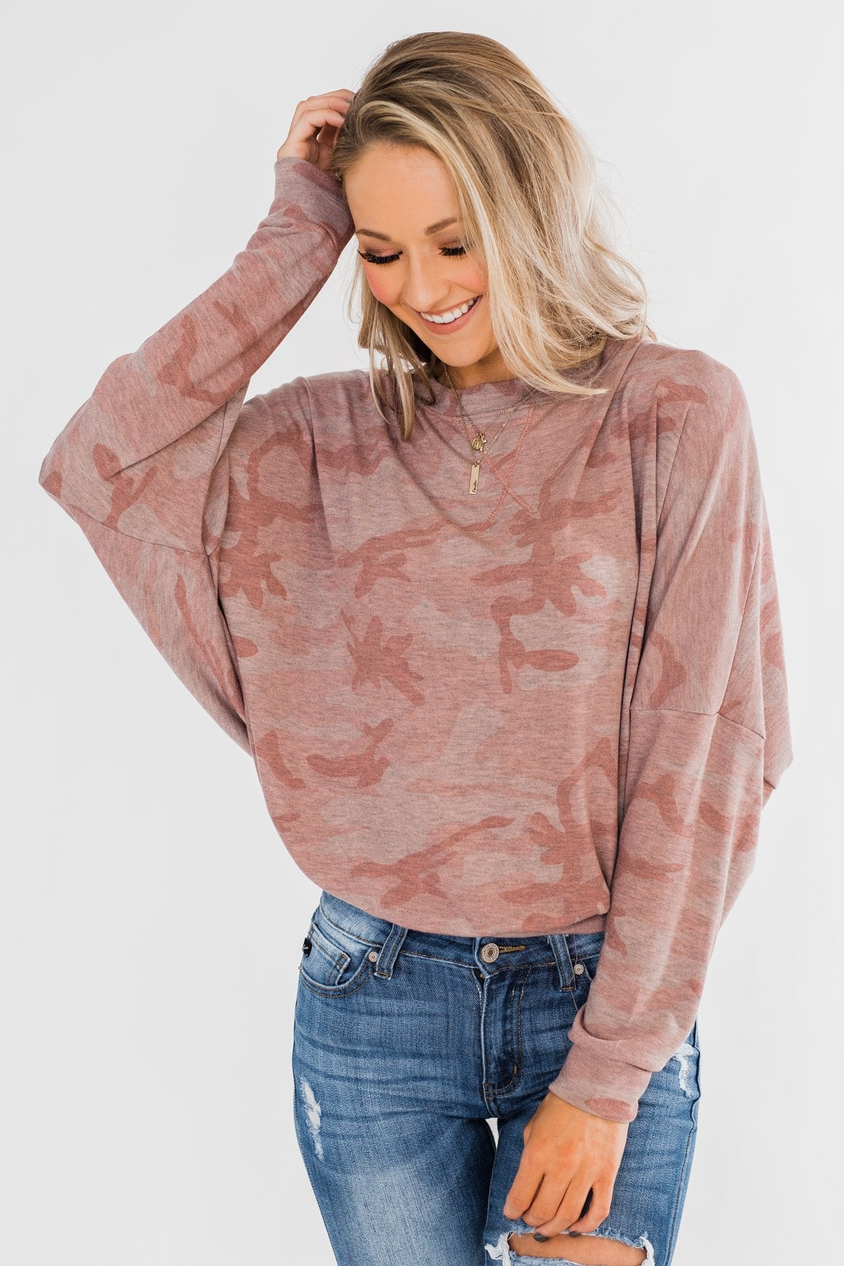 Camo Crew Neck Top- Pink & Grey
