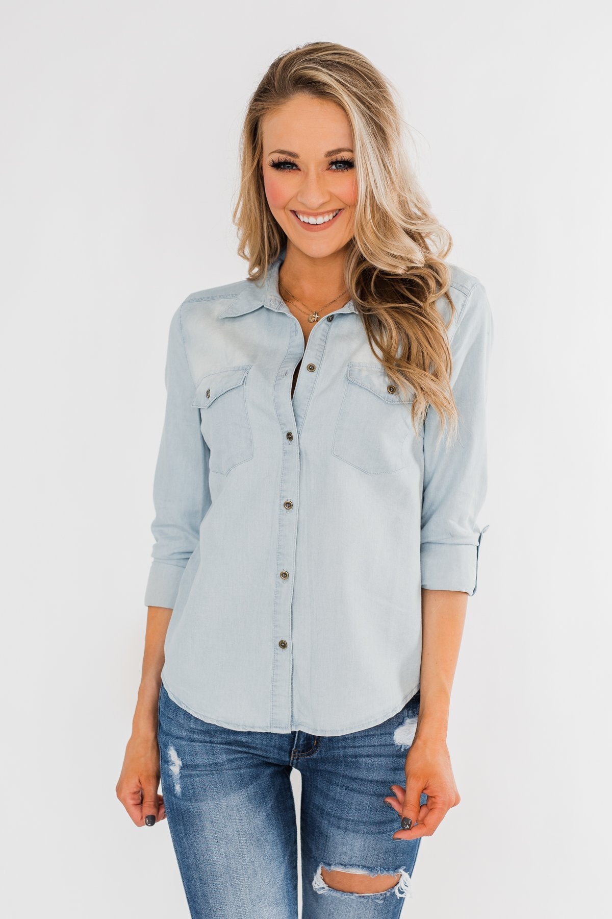 Cute In Chambray Long Sleeve Top- Light Denim