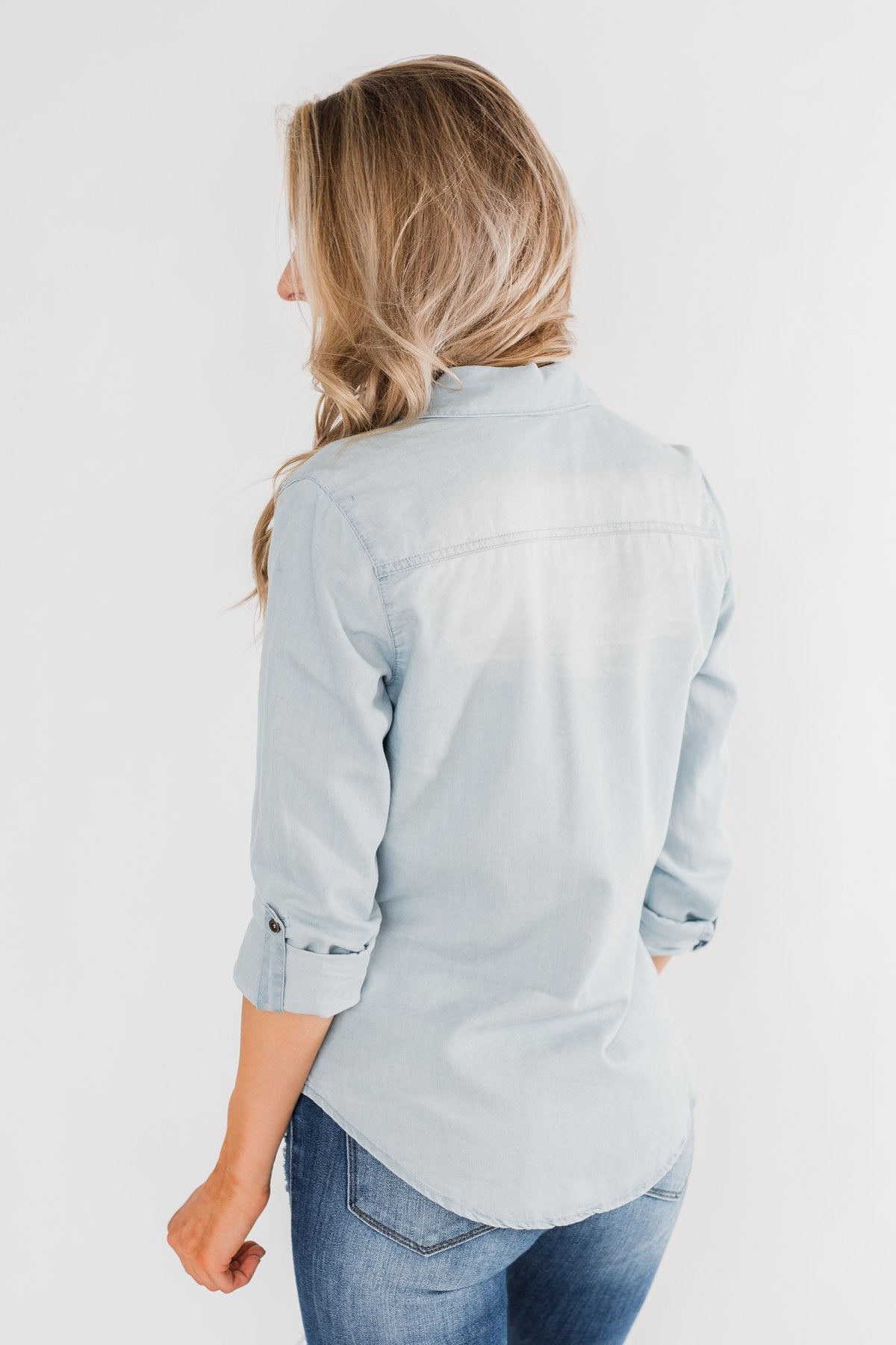 Cute In Chambray Long Sleeve Top- Light Denim