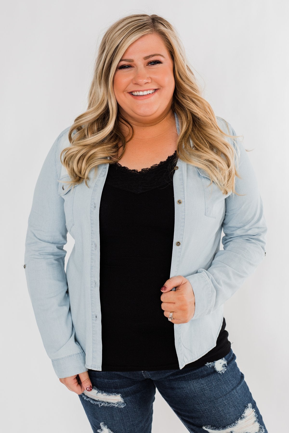 Cute In Chambray Long Sleeve Top- Light Denim