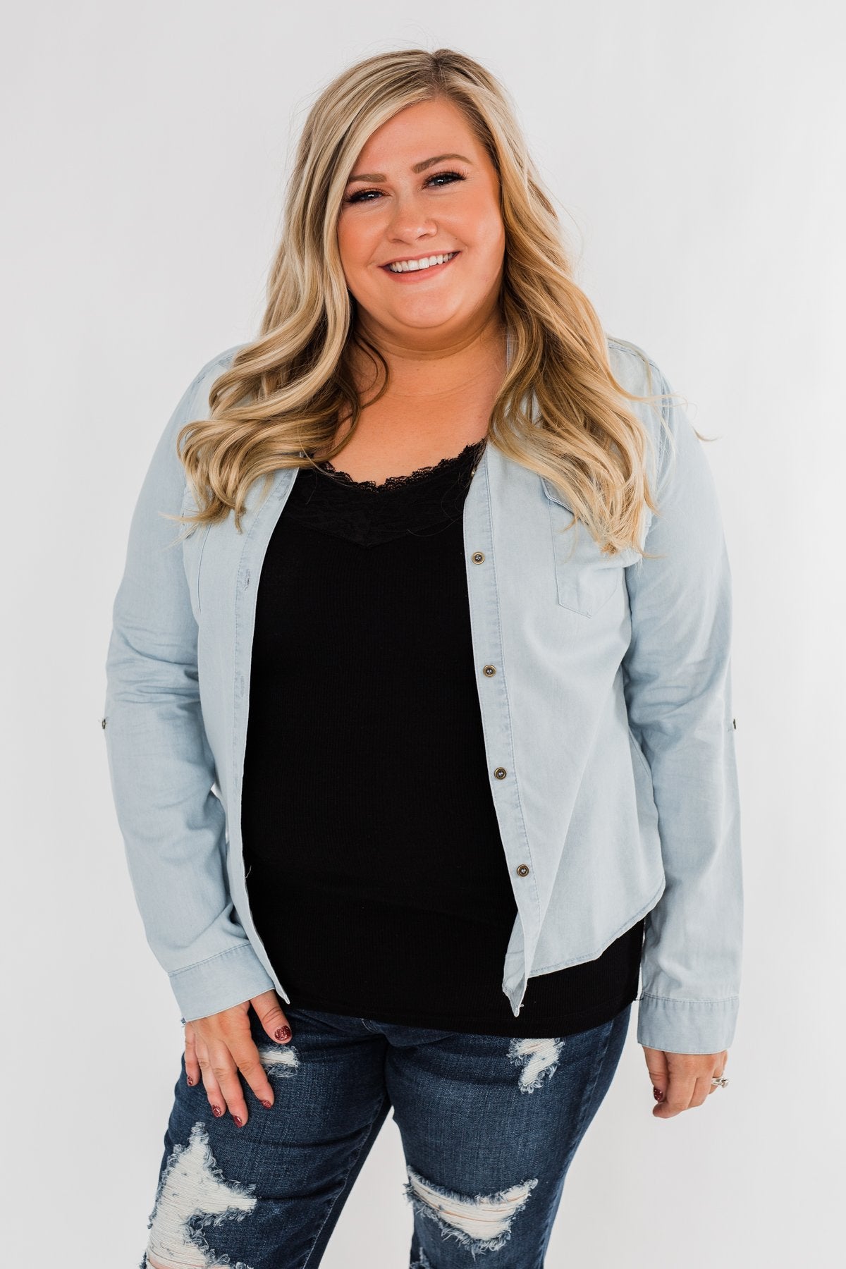 Cute In Chambray Long Sleeve Top- Light Denim