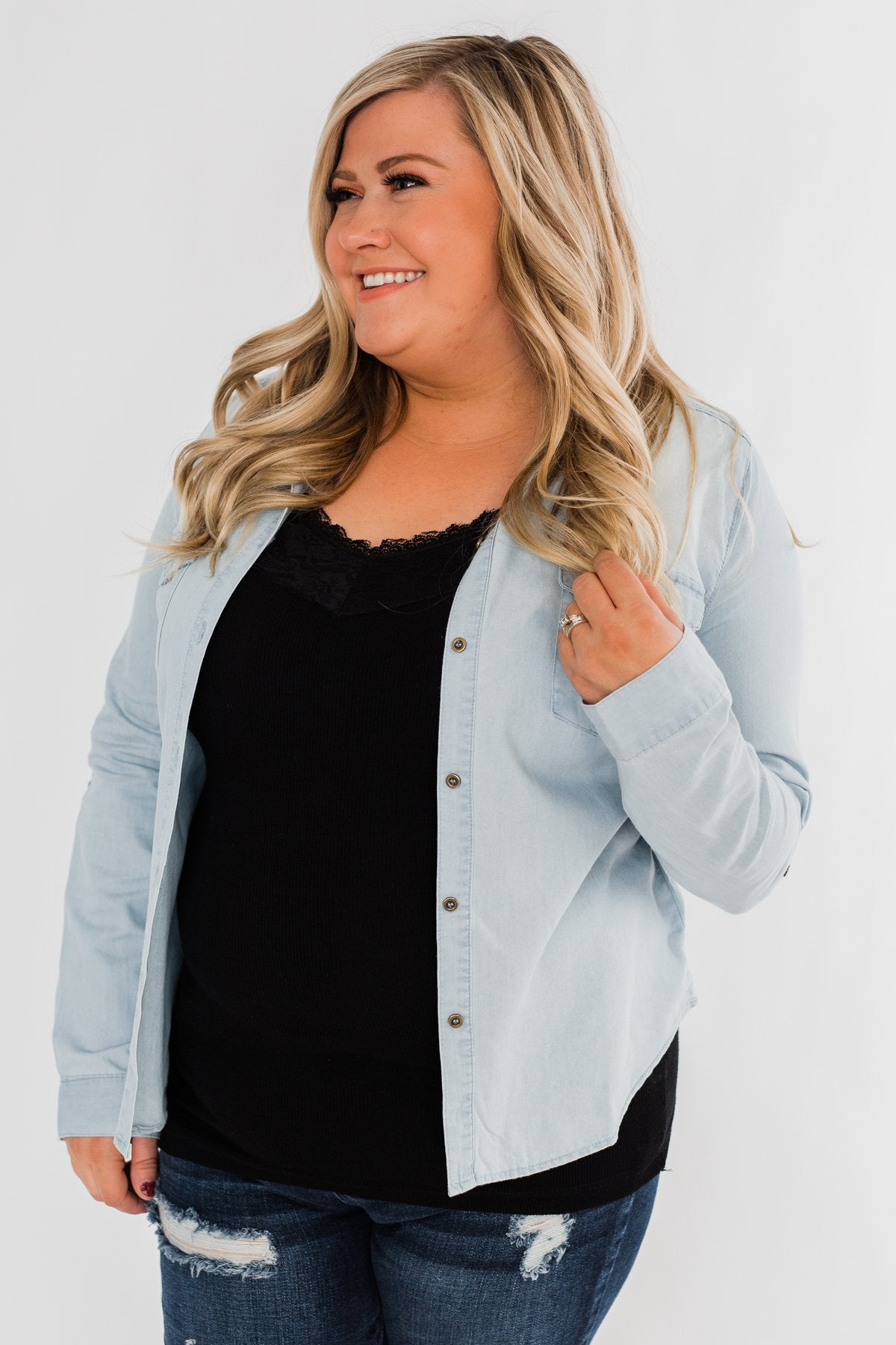 Cute In Chambray Long Sleeve Top- Light Denim